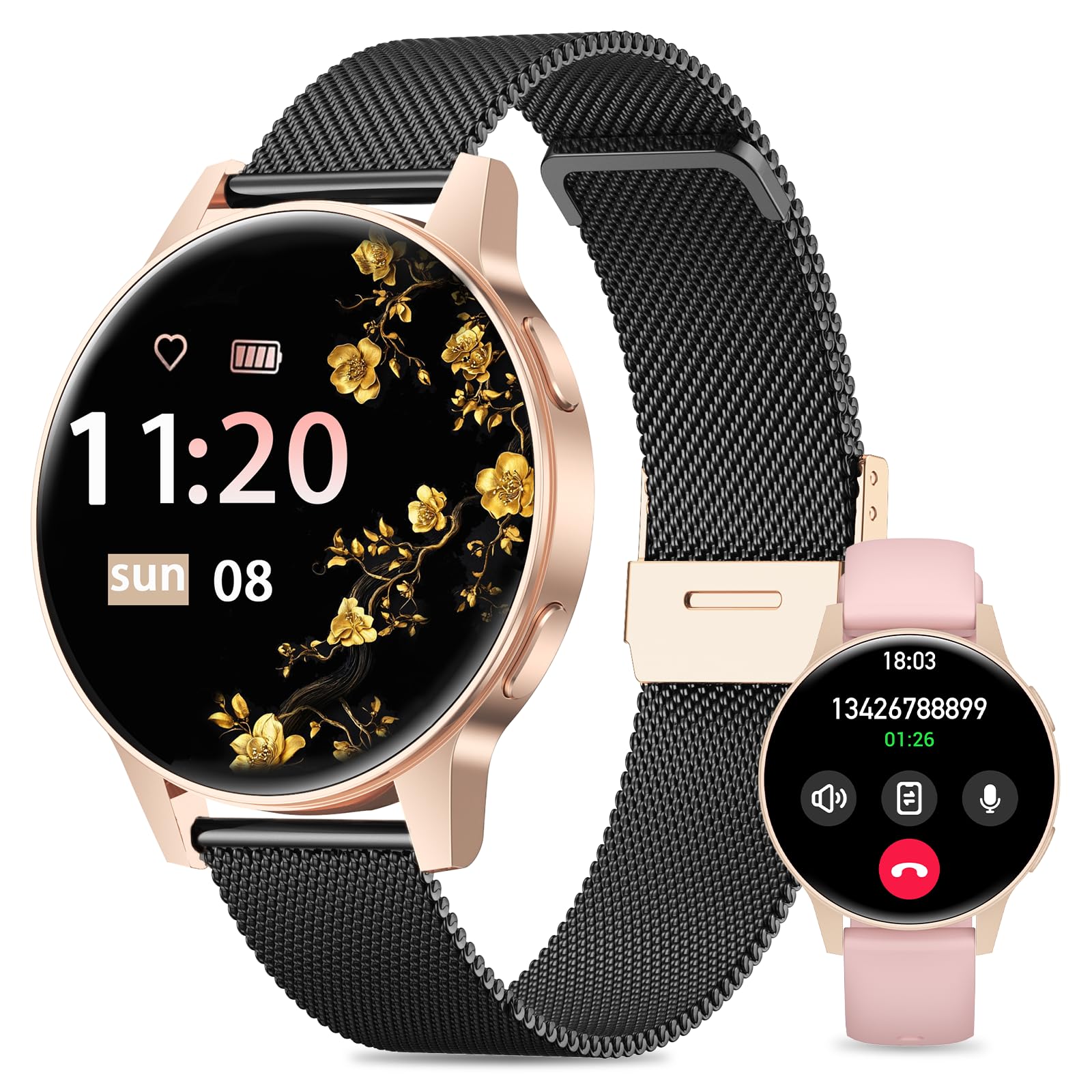 SLOKSFil Women's Smart Watch, 1.27-Inch TFT with Bluetooth Calls Smartwatch Women, Female Cycle, 24H Heart Rate Monitor, Sleep Monitor, 100+ Sports, IP68 Waterproof, for Android/iOS (Schwarz Gold)