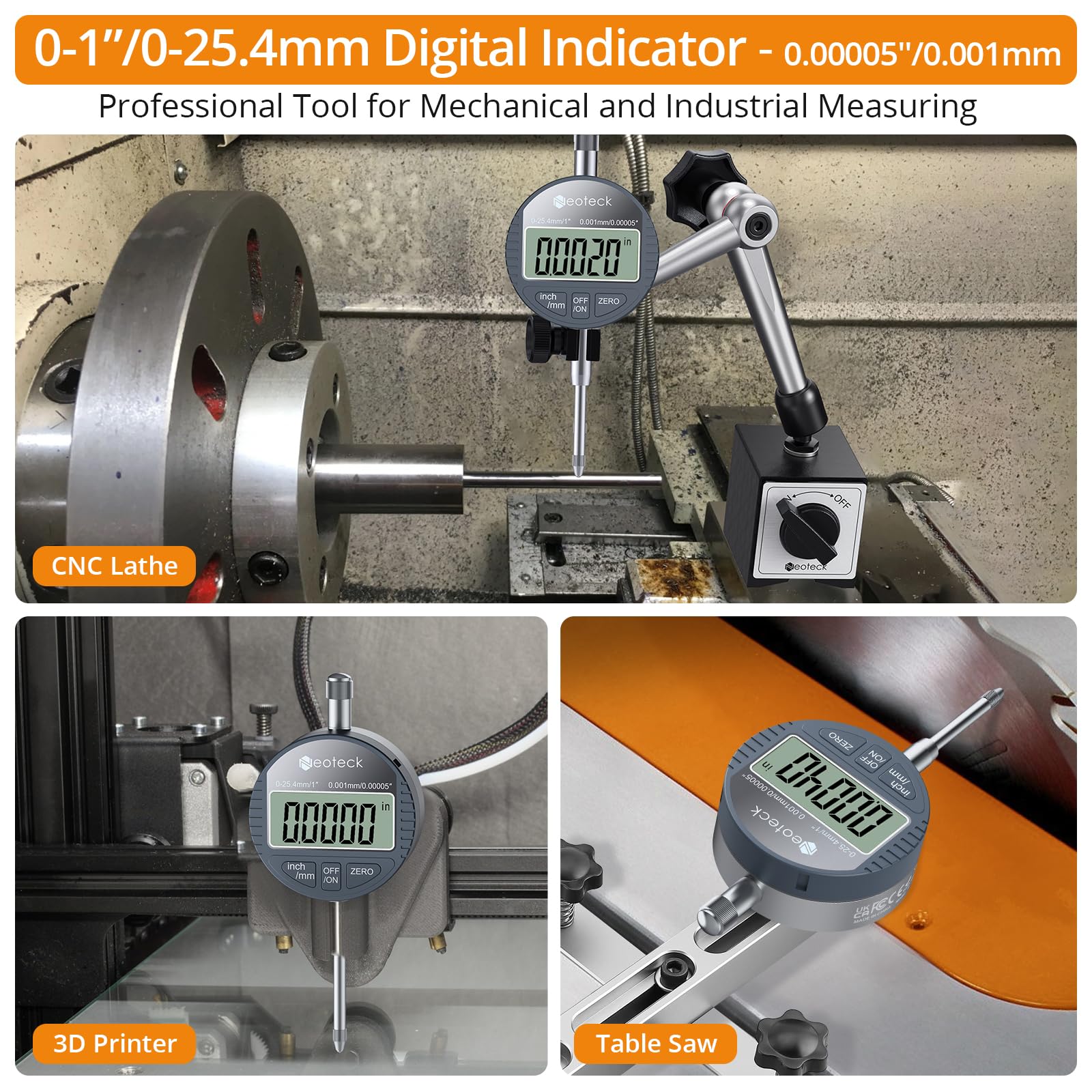 Neoteck 25.4mm/0.001mm Comparateur Numérique - Jauge de Précision Digitale à Affichage LCD Haute Résolution 0.00005" Conversion mm/pouce Zéro Instantané Outil de Mesure Électronique pour Atelier, Usin