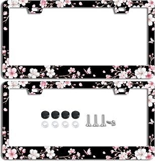 Cherry Blossom License Plate Frames 2 Pack Sakura Flowers Car Decor | Cute Floral Stainless Steel License Plate Frame with 2 Holes and Screws Fits Standard 12x6 Inch US License Plates for Women