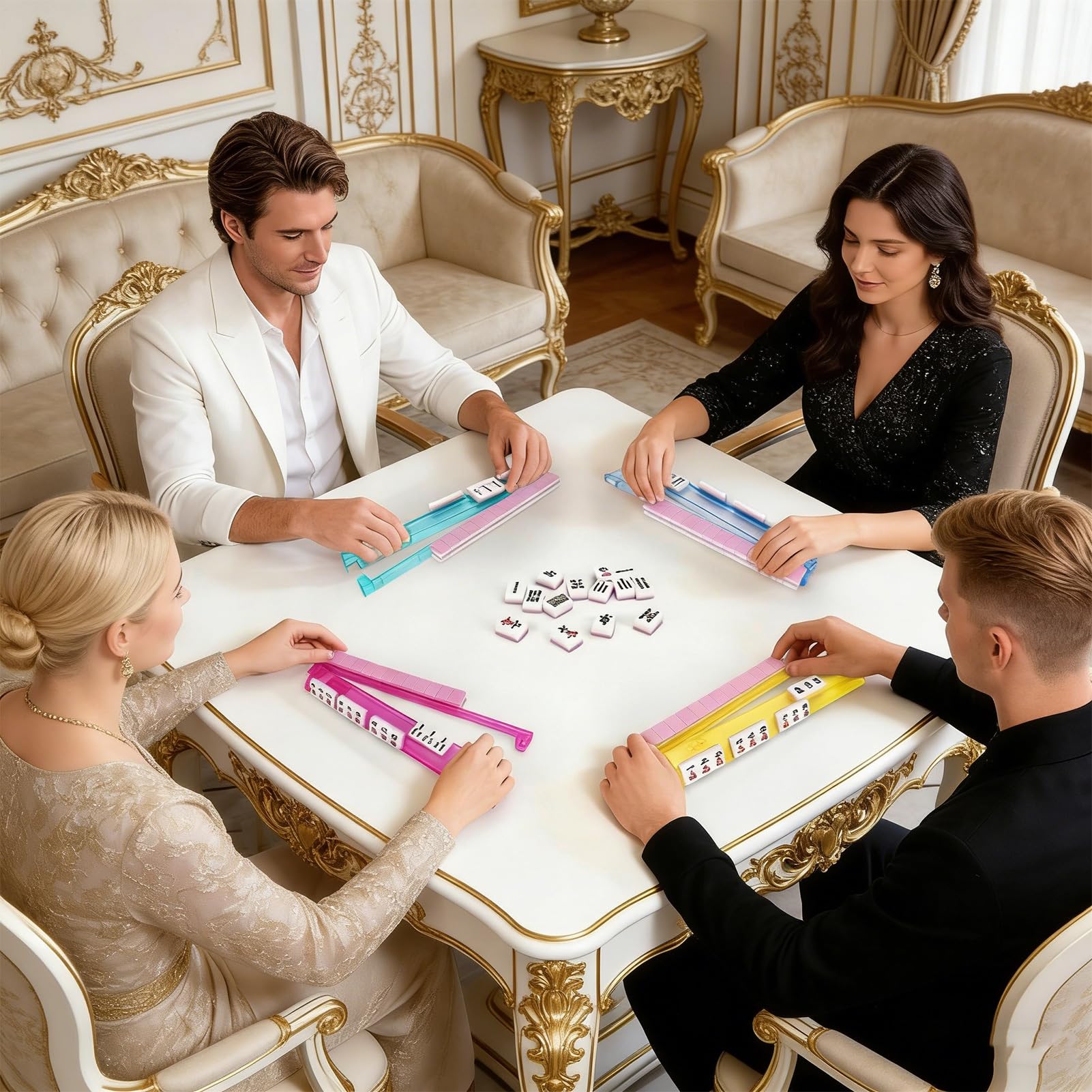 Popychacze i stojaki do mahjonga z Tacką Z Popychaczem Antypoślizgową | 4-Częściowe Amerykańskie Stojaki Na Płytki Mahjong dla Dorosłych Początkujących Noc Gier Dom Podróż Klub Impreza