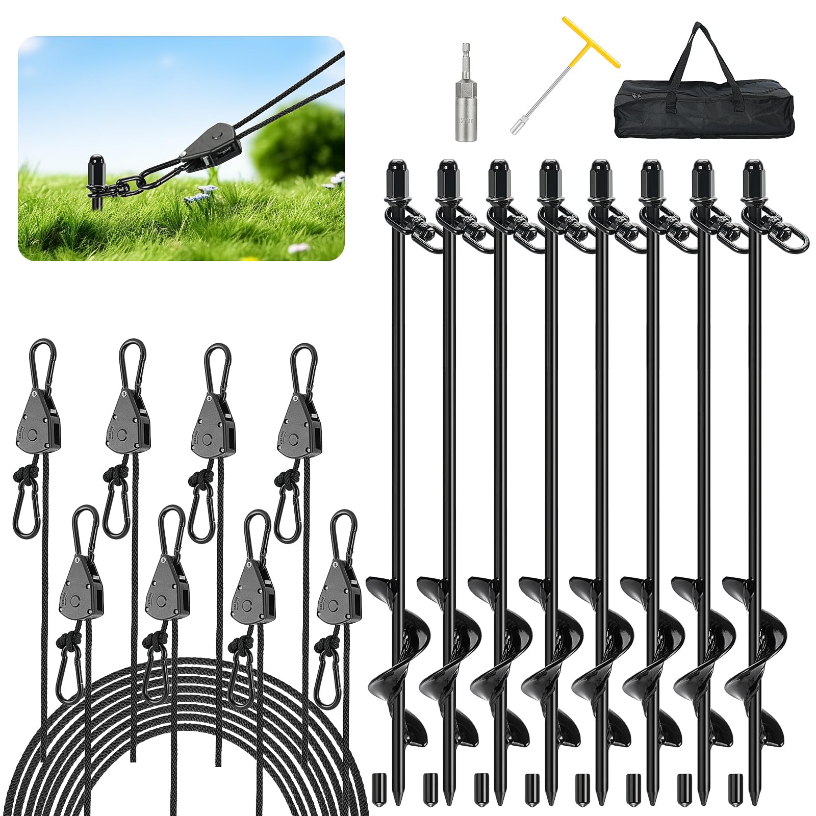 Tinnmao Zeltheringe, strapazierfähig, 45 cm, mit 20,3 cm Ratschen-Spanngurten (0,3 cm φ) Kit für hohen Wind, 8 mm massiver Stahl, spiralförmige Erdanker, zum Einschrauben für Plane, Vordach, Sand