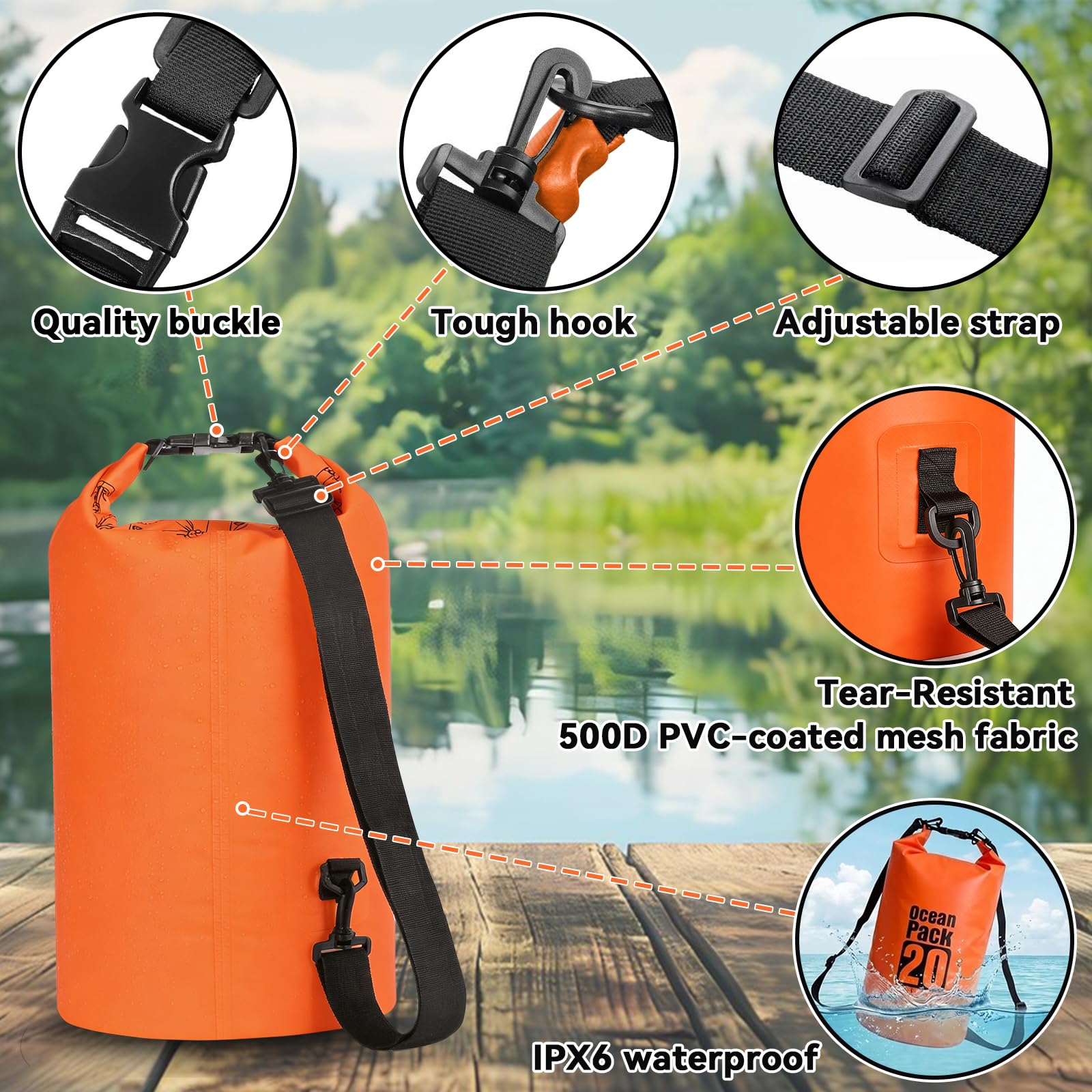PQETBV Bolsa Estanca, 20L Bolsa Impermeable Mochila Estanca, Bolsa Seca con Correa de Hombro Ajustable para Barcos, Kayak, Pesca, Rafting, natación, Camping, Snowboard - 4