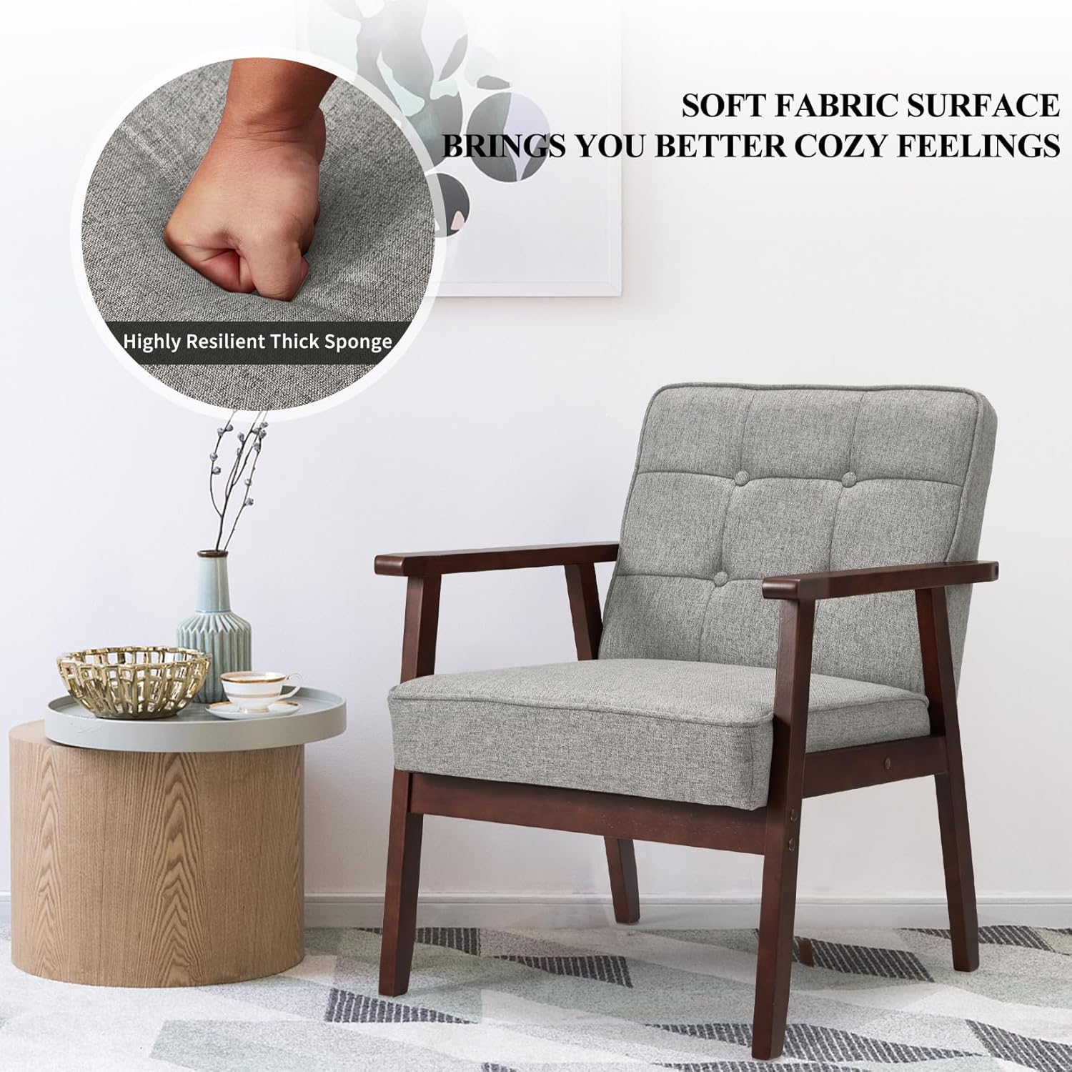 Haddockway Mid Century Accent Chair with Arms,Retro Leisure Reading Armchair,Comfy Leisure Chair Living Room Chair,Modern Linen Upholstered Lounge Chair with Wood Frame for Office/Bedroom (Light Gray)