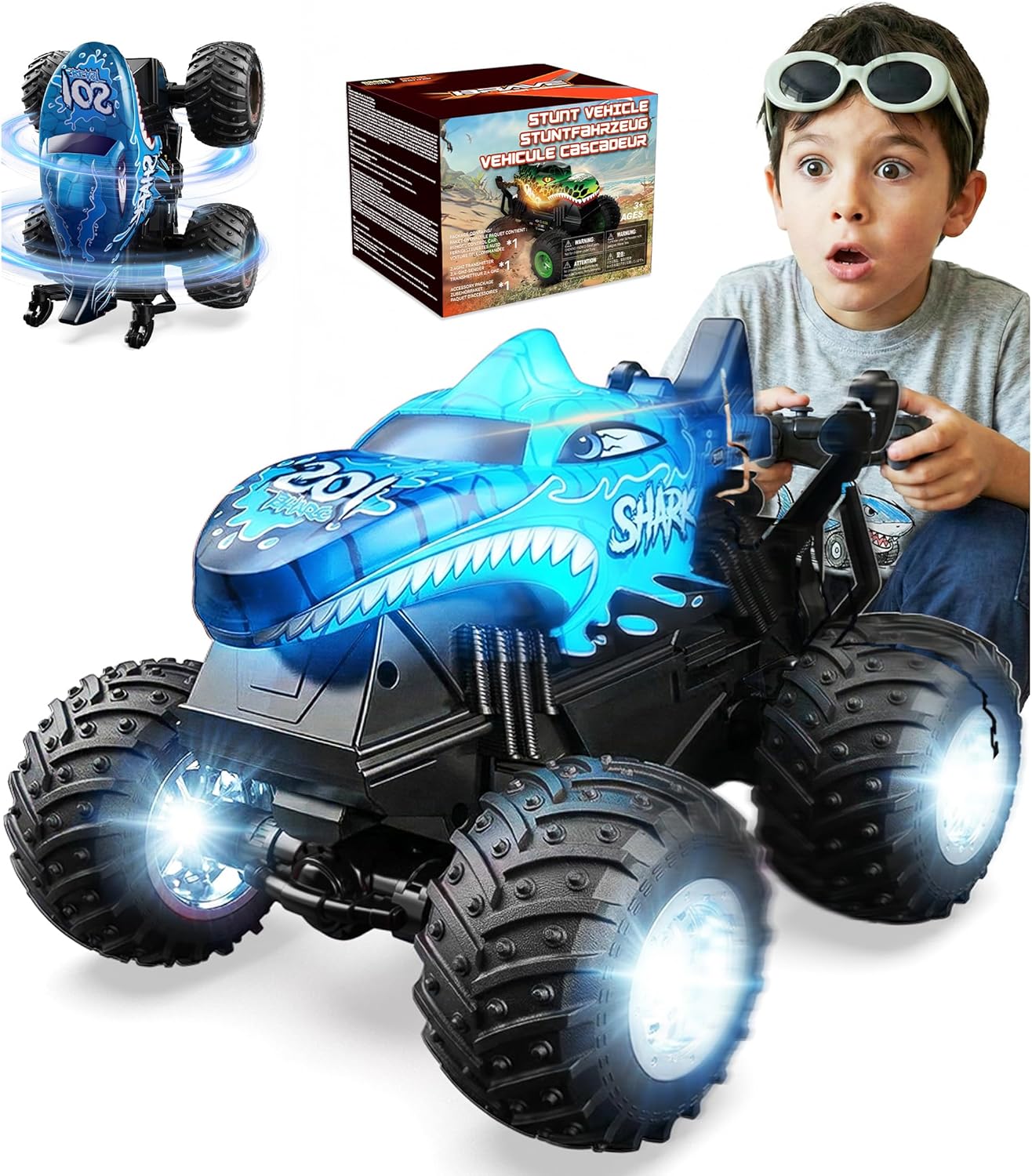 BEZGAR 1:20 Shark Monster Truck Toys, 360°Stunt RC Cars Rotation Monster Trucks with Music, 2 Batteries and Wireless LED Strobe Lights, Remote Control Car for Boys 4 5 6 7 8 9 Years Old(Blue)