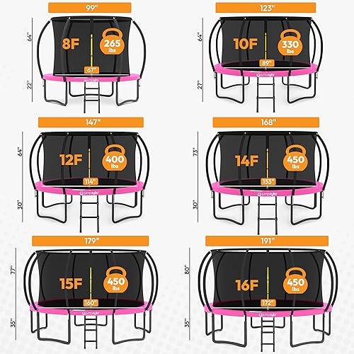 Miniatura 75 de Jumpzylla - Cama elástica recreativa para niños, con red de seguridad, escalera y revestimiento antioxidante, de 8, 10, 12, 14, 15 y 16 pies