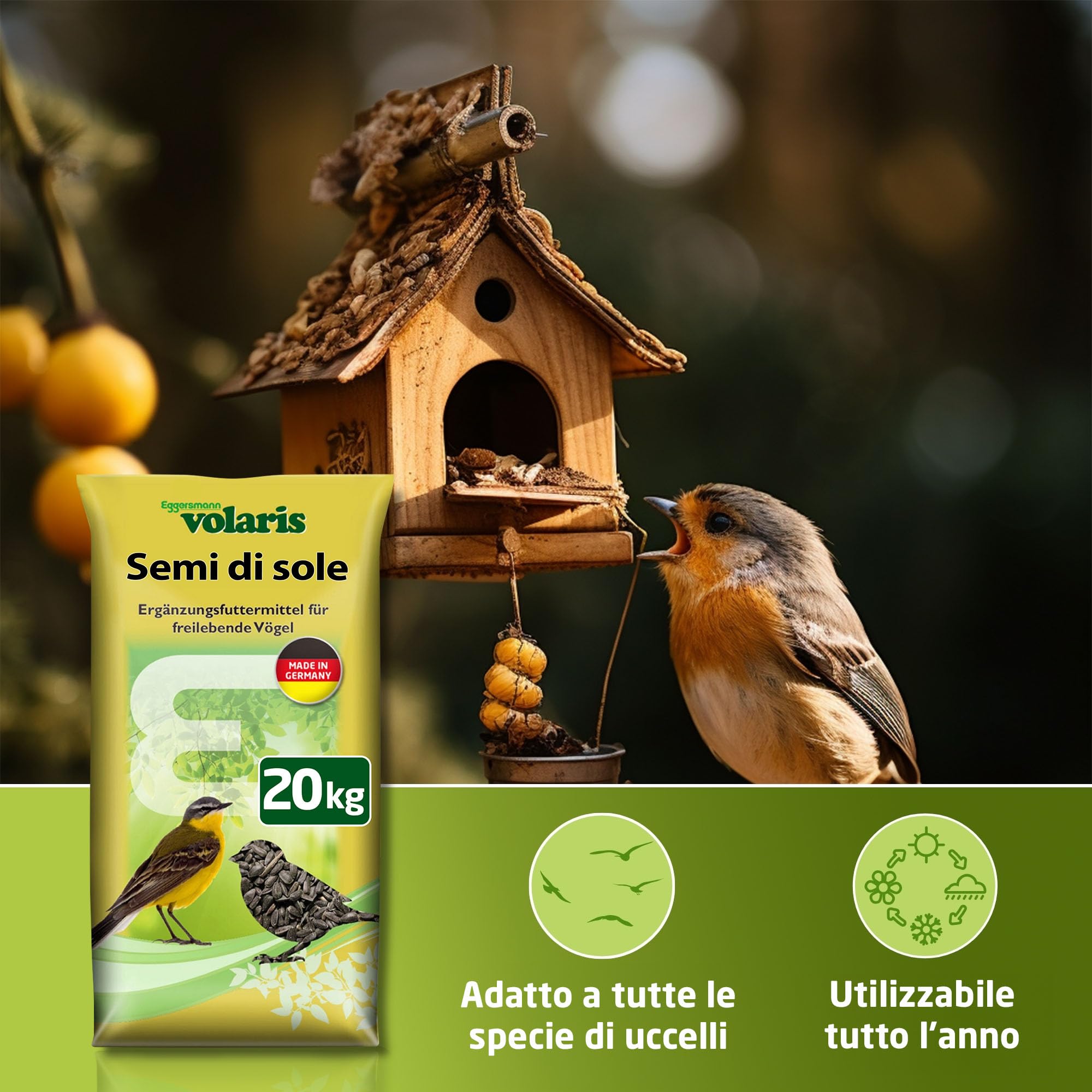 Eggersmann volaris 20 kg semi sole | Semi girasole, Mangime per uccelli selvatici tutto l'anno | Cibo per uccelli selvatici tutto l'anno | Alimento sparso ad alto contenuto di grassi per tutte uccelli