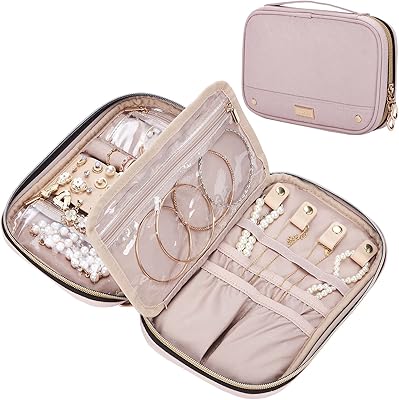 NISHEL Travel Jewelry Organizer Folio, Jewelry Rolls for Necklaces, Earrings, Rings, Bracelets, Watch, Pink