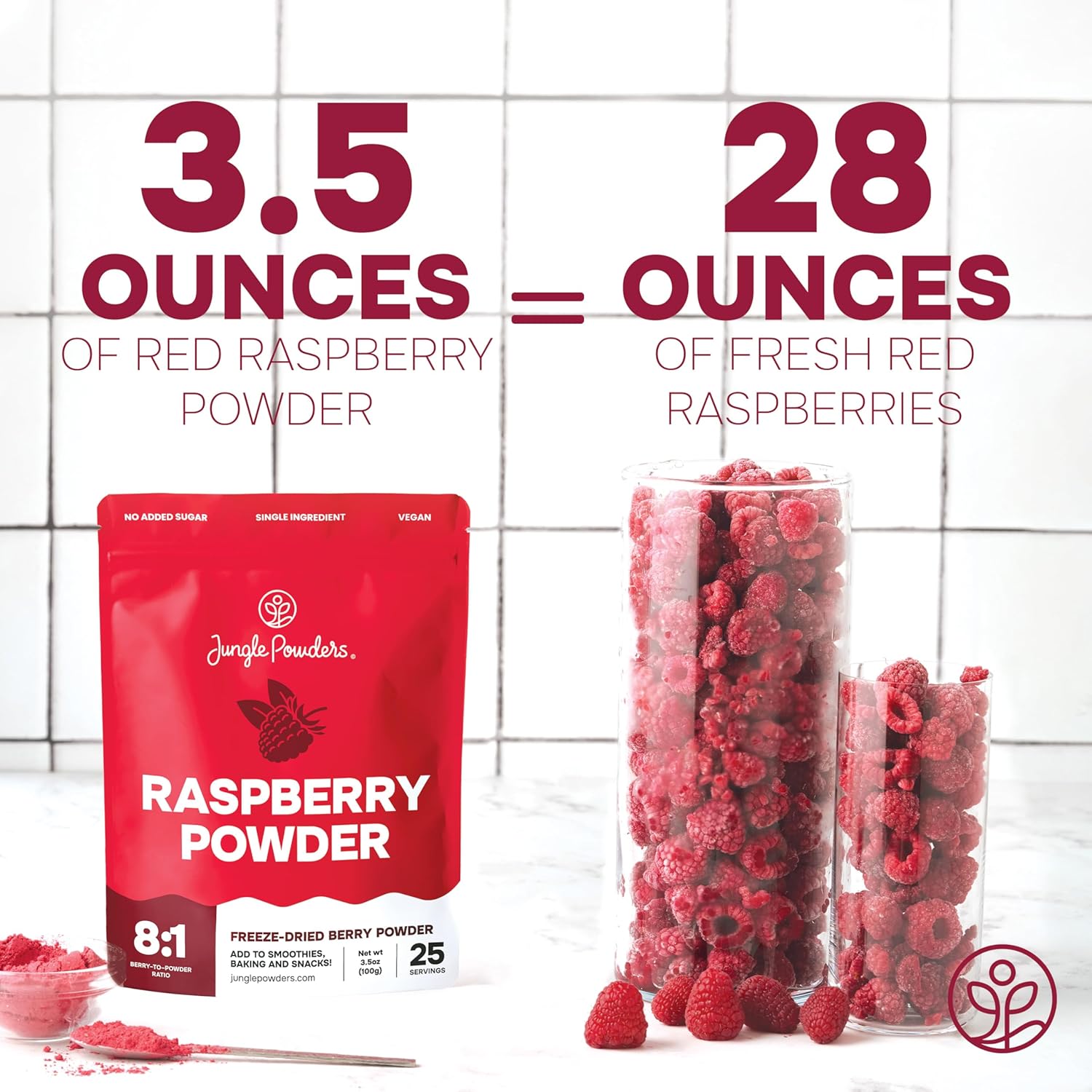 Jungle Powders Raspberry Powder 3.5 Ounce Bag, Food Grade Powdered Unsweetened Freeze Dried Raspberries, Additive, Filler Free Red Superfood Extract for Baking Cooking Flavoring Rasberries Smoothies