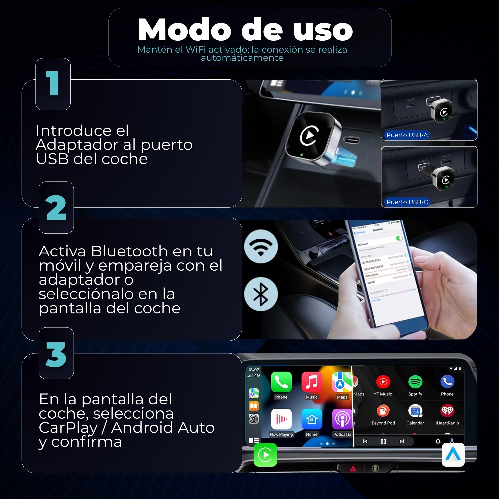 Tesorista Carplay Inalambrico 2 en 1 Mini (Versión 2026) – USB Plug & Play, Reconexión ~3 s, USB-A/USB-C y Dongle Rígido para Puertos Difíciles – Apple Carplay Inalambrico & Android Auto Inalambrico — view 4