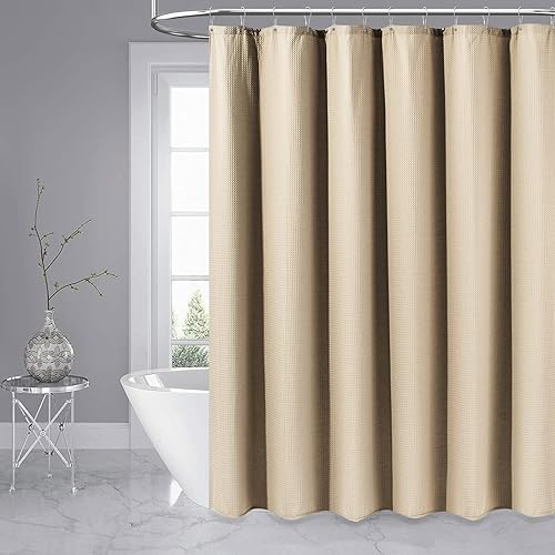 Miniatura 6 de Dynamene Cortina de ducha de tela beige  Cortinas de ducha de tela resistente con textura de gofre para baño, 256 GSM, juego de cortina de baño con