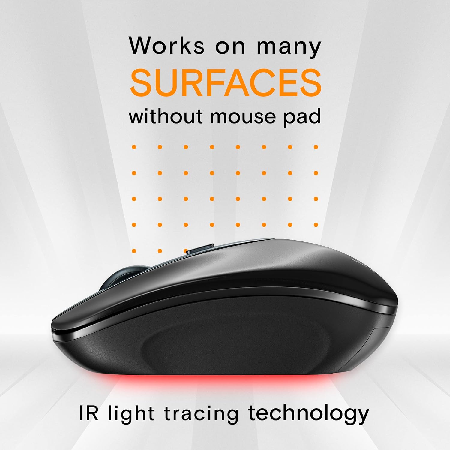 ShhhMouse wireless mouse demonstrating its ability to work on various surfaces without a mouse pad.