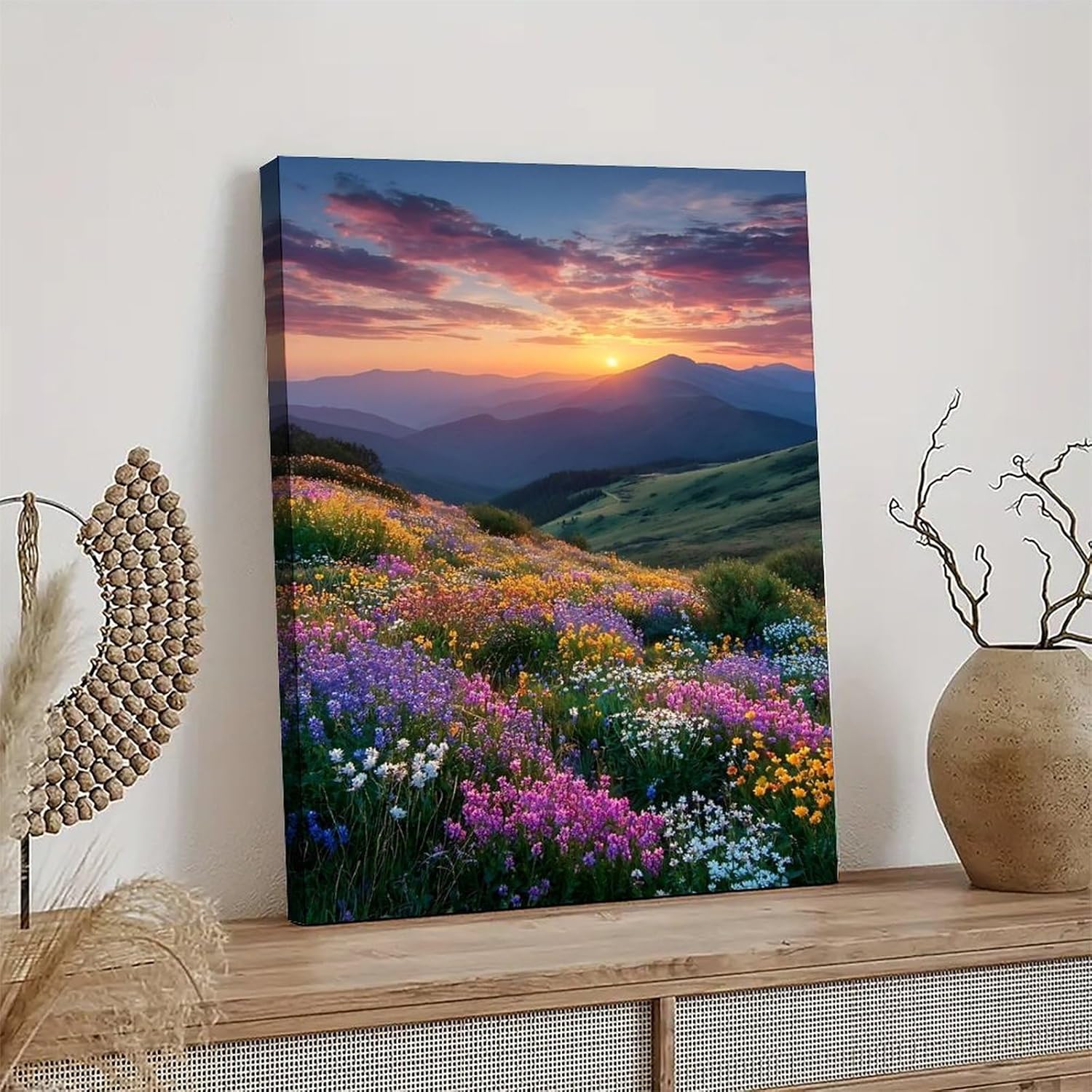 larbulse Frame vibrant Sunset Wildflower Mountain Canvas Wall Art Home Decor Posters Vintage Funny Print Picture Abstract Bedroom Living Room Kitchen Posters Decor, 16x24inch(40x60cm)