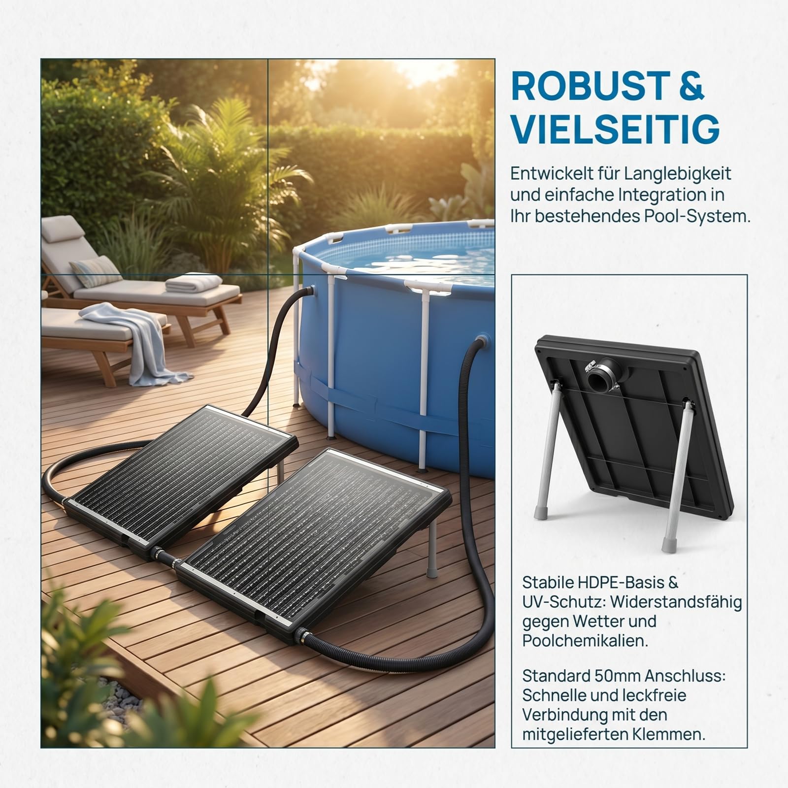 Riscaldamento solare per piscina, modello dritto, regolabile in altezza, pannello solare da 15 l con accessori, piastra riscaldante solare resistente ai raggi UV, per piscine fuori terra e