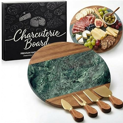 Marble and Acacia Wood Christmas Charcuterie Board Set with Cheese