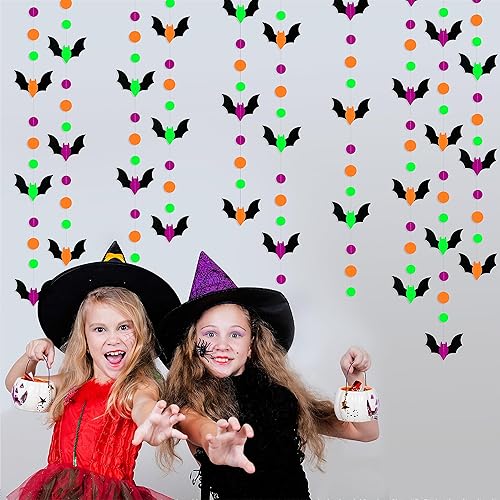 Miniatura 4 de Guirnalda de murciélagos de Halloween de 65 pies, color naranja, morado, negro, verde, neón, banderines, banderines, serpentinas, círculos de luz