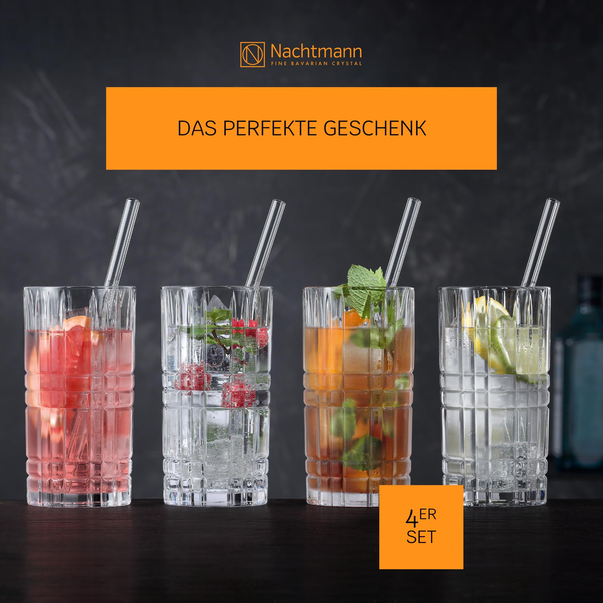 Nachtmann Bicchieri da long drink da 445 ml, 4 pezzi, con 4 cannucce di vetro e 1 spazzola per la pulizia, Tastes Good, 103144, bicchieri da cocktail in vetro di cristallo, bicchieri lavabili in