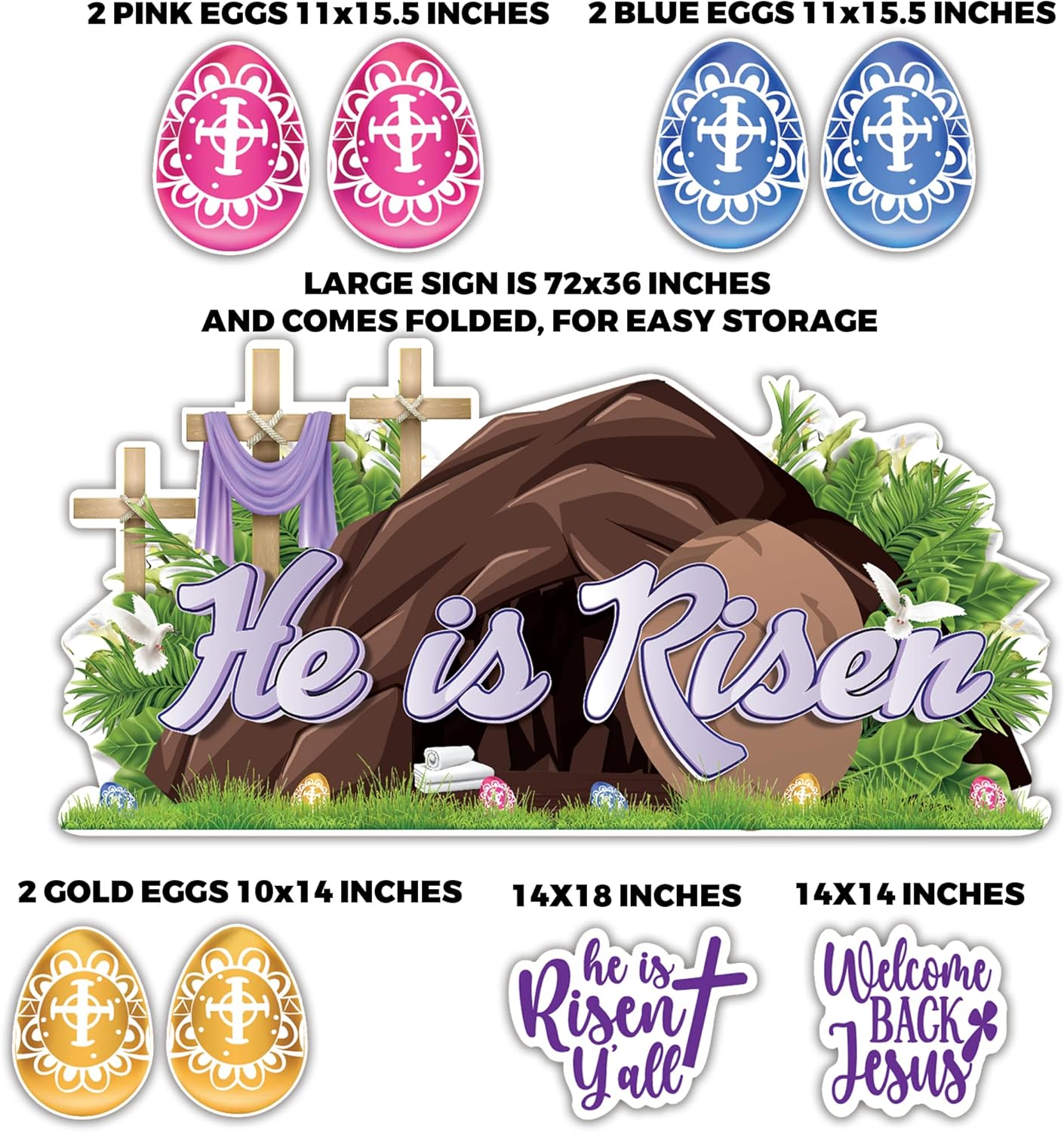 9 Pcs He Is Risen Easter Yard Sign Set 72x36 Inches Religious Easter Decorations Outdoor with Stakes Jesus' Tomb Easter Decoration Waterproof Christian Easter Lawn Signs by VictoryStore