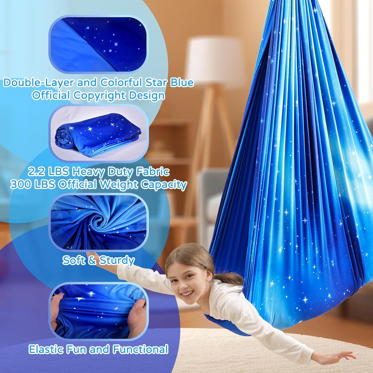 sensory swing for kids and adults indoor & outdoor double layer therapy cuddle holds up to 300lbs adjustable swing hammock chair with 360° swivel hanger kit effect for aspergers autism adhd(star blue)