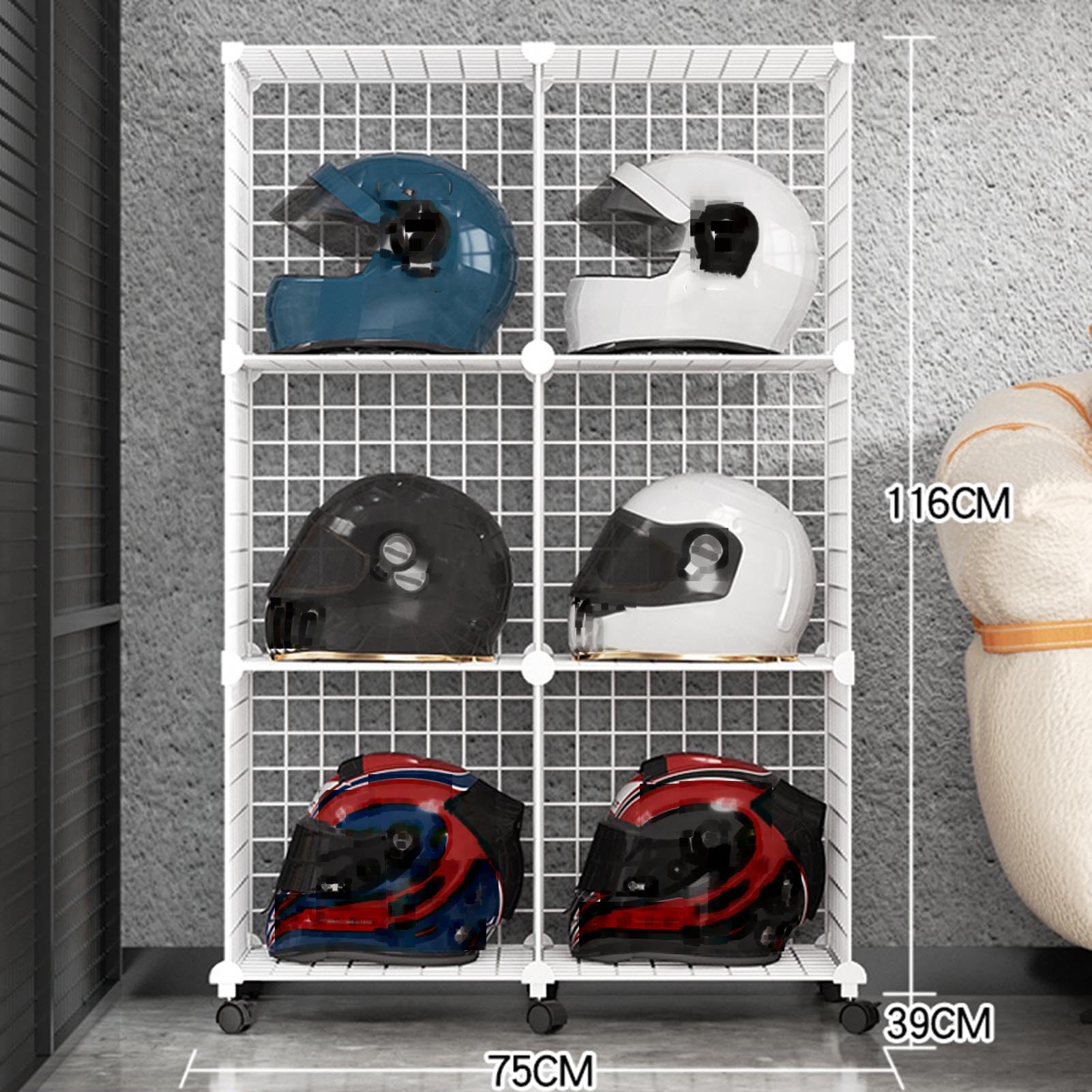 HUXUZYDY Scaffale portaoggetti in metallo per casco da moto, vetrinetta e vetrina per caschi da calcio, bici, baseball, grandi cappelli e cappellini, per negozio o negozio, bianco, 6 griglie, bianco