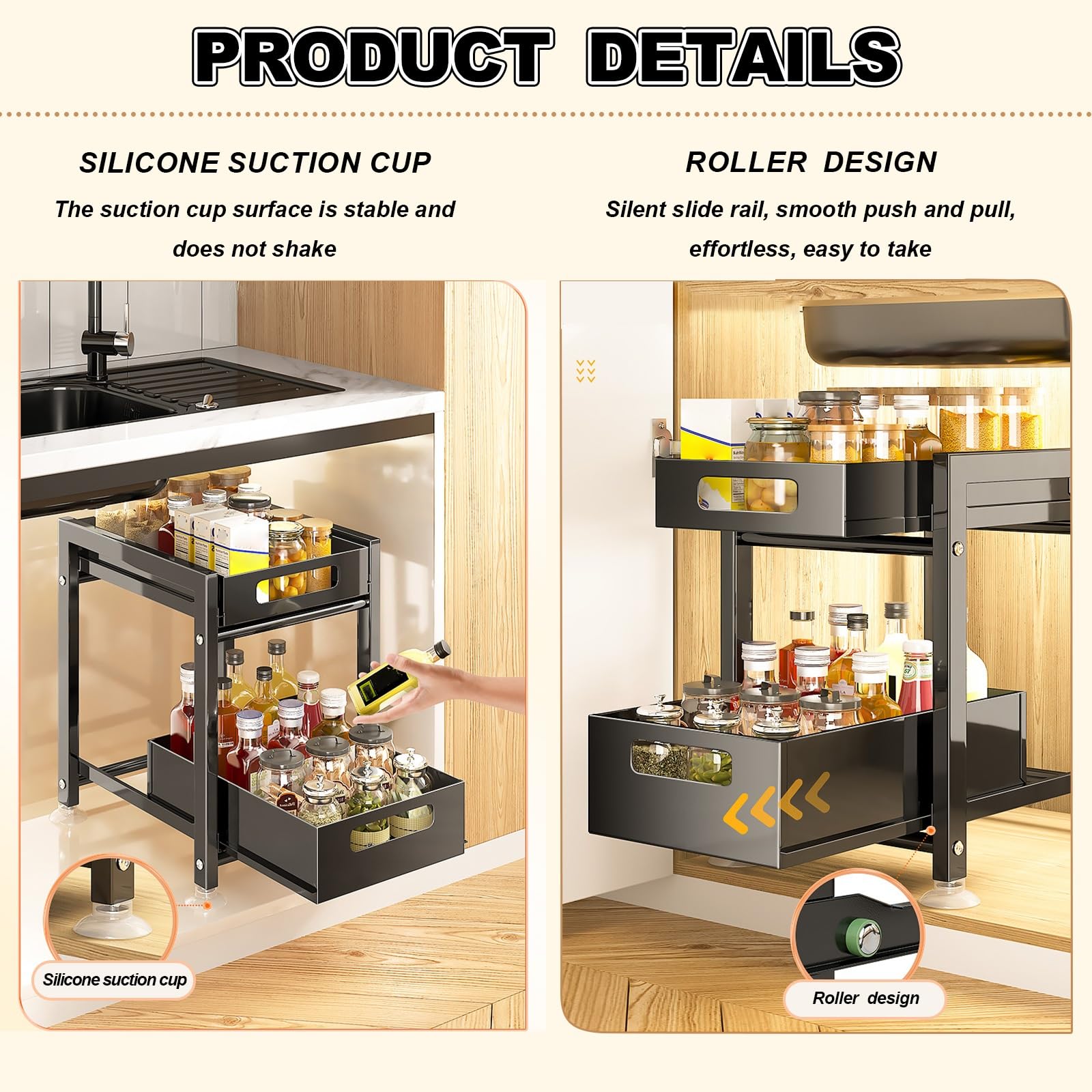 Scaffale sotto il lavello con cassetti, scaffale in metallo per organizer per spezie da cucina, pentole e padelle, soluzione salvaspazio per ripostiglio, ristorante, magazzino