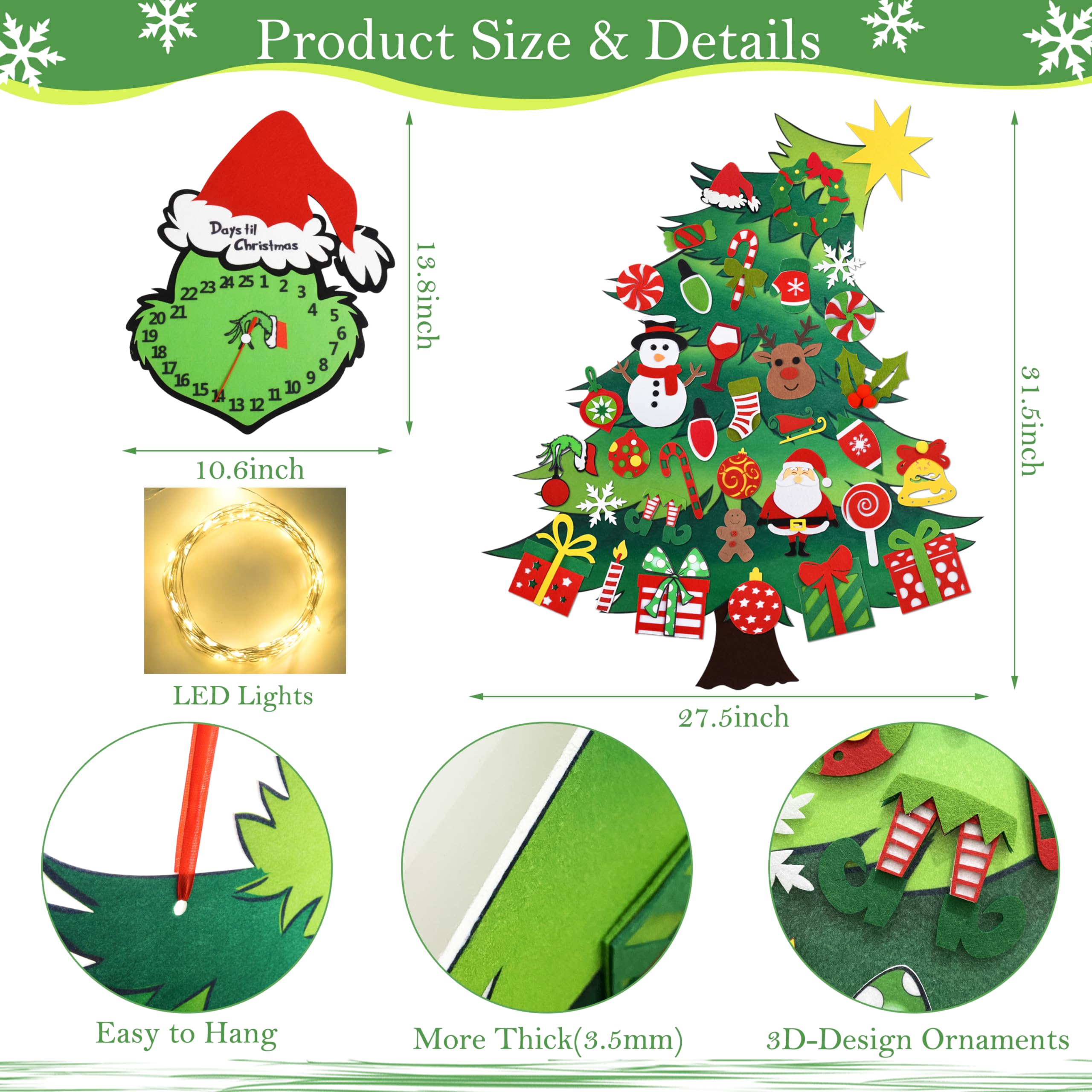 Felt Christmas Tree with Advent Calendar Set 3.3Ft Felt Tree Kit for Kids Wall Countdown for Christmas Day Xmas Tree Ornaments Handmade Christmas Gift Decorations