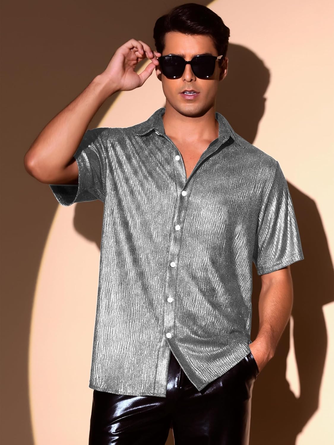 Lars Amadeus Metallic Shirts for Men's Sparkle Short Sleeve Button Disco Party Glitter Shirts - Image 2