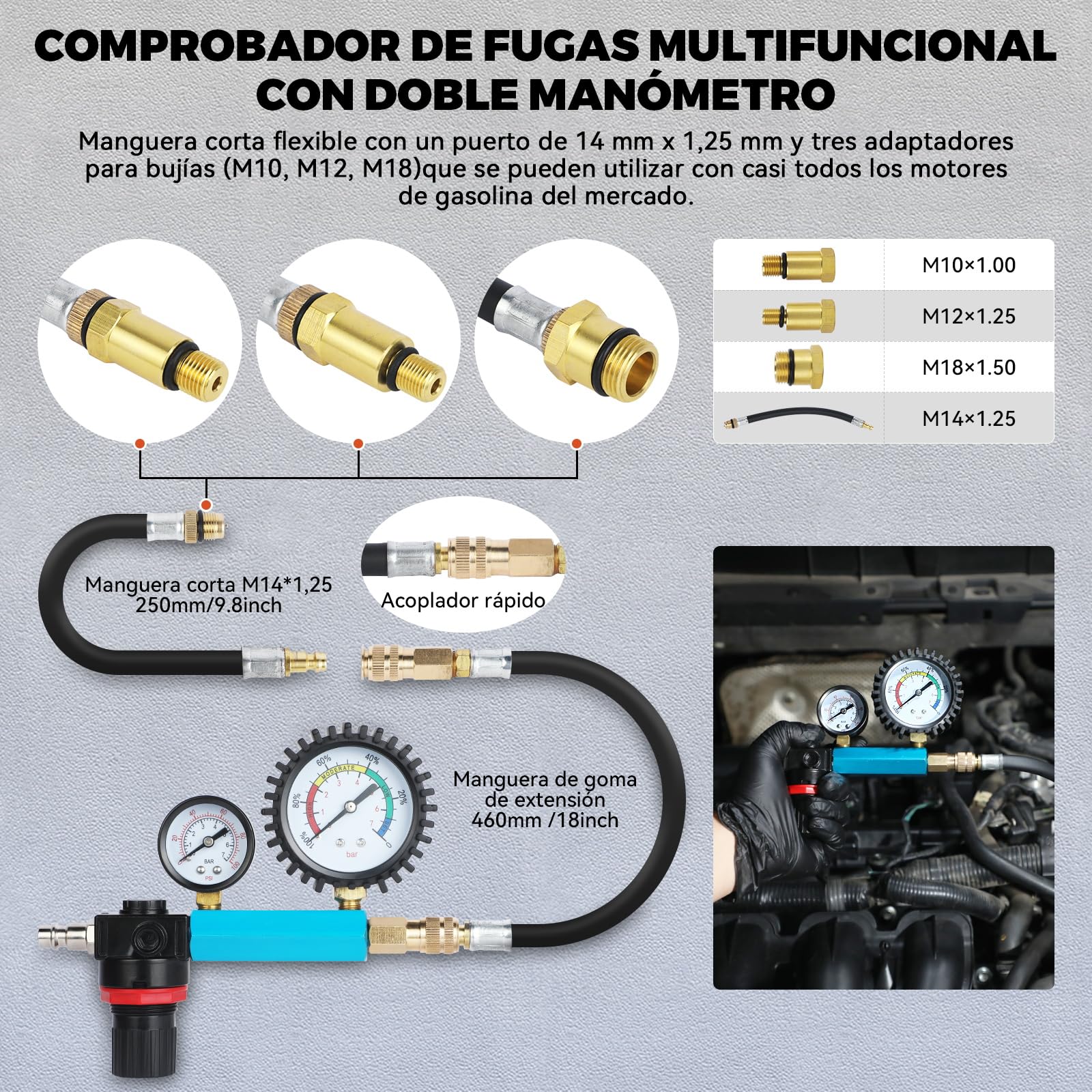 46PCS Comprobador de Compresión y Fugas para Motores de Gasolina y Diésel,Probador de Compresión Automotriz, Medidor de Presión de Fugas de Cilindros para Motores HDi, TDCi y Pumpe Duse