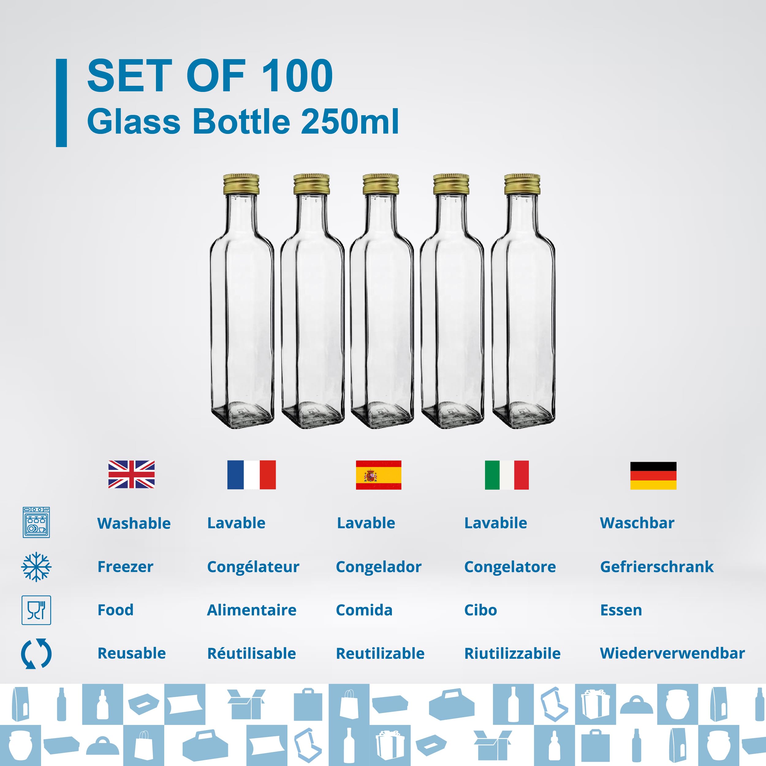100 Botellas de vidrio de 250 ml con tapón de rosca dorado | Aceite de oliva, vinagre, alcohol | Aceitera de vidrio, botella de aceite | Regalos de boda