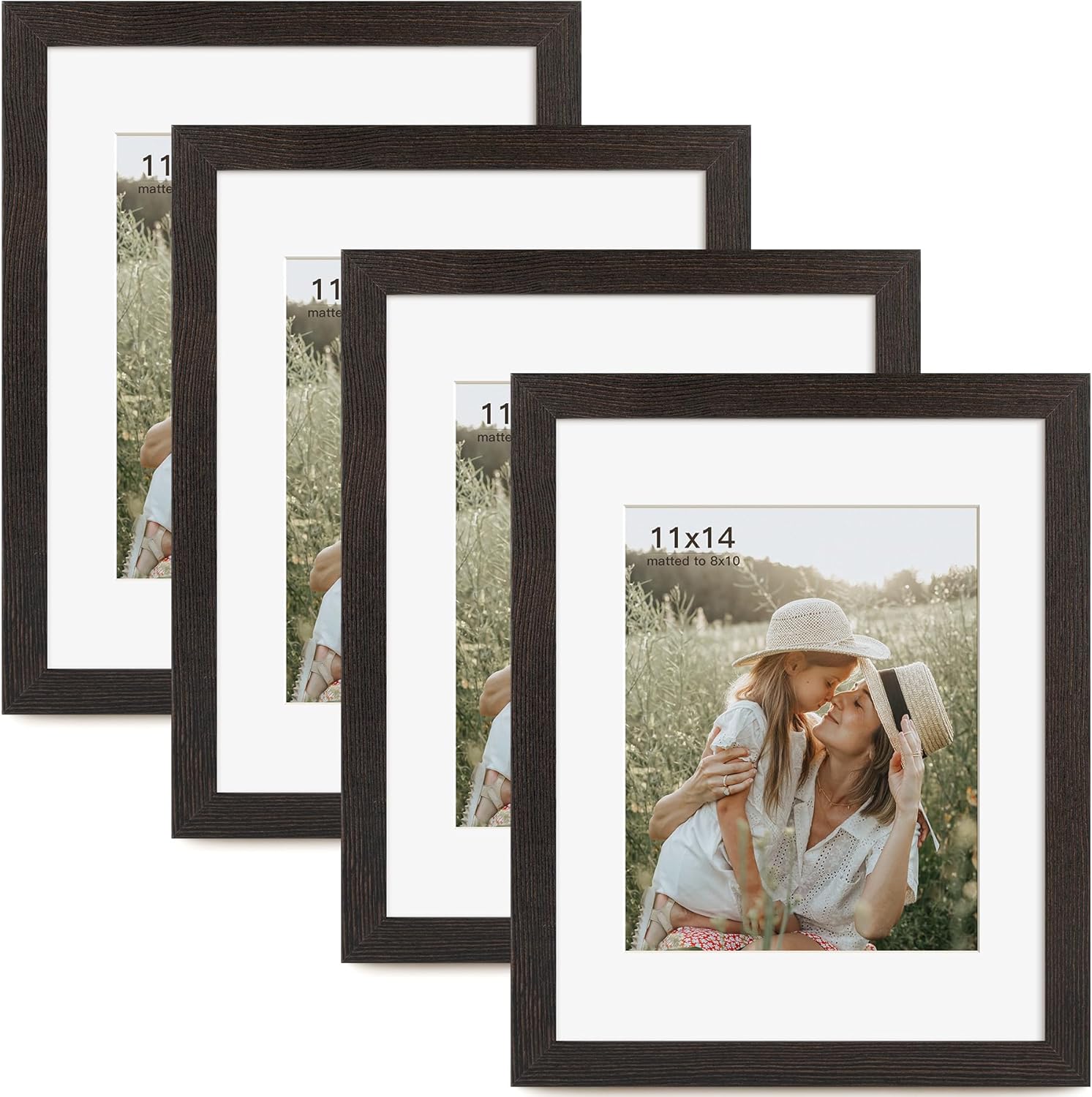 11x14 Picture Frame with Mat for 8x10 Set of 4, Distressed Black Wood Grain 11 x 14 Gallery Wall Picture Frames for Wall Mounting(4 Pack, Black)