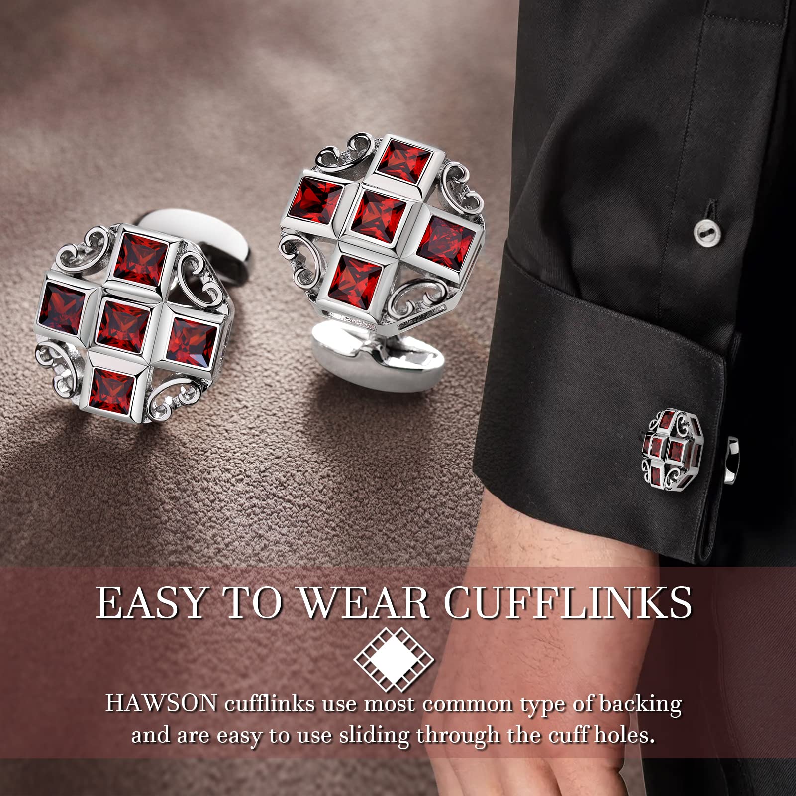 HAWSON Gemelos brillantes para camisa de hombre para traje, en caja de regalo, a juego con corbata sólida en rojo, blanco, negro y azul fácilmente, diseñado, Metal, no conocido