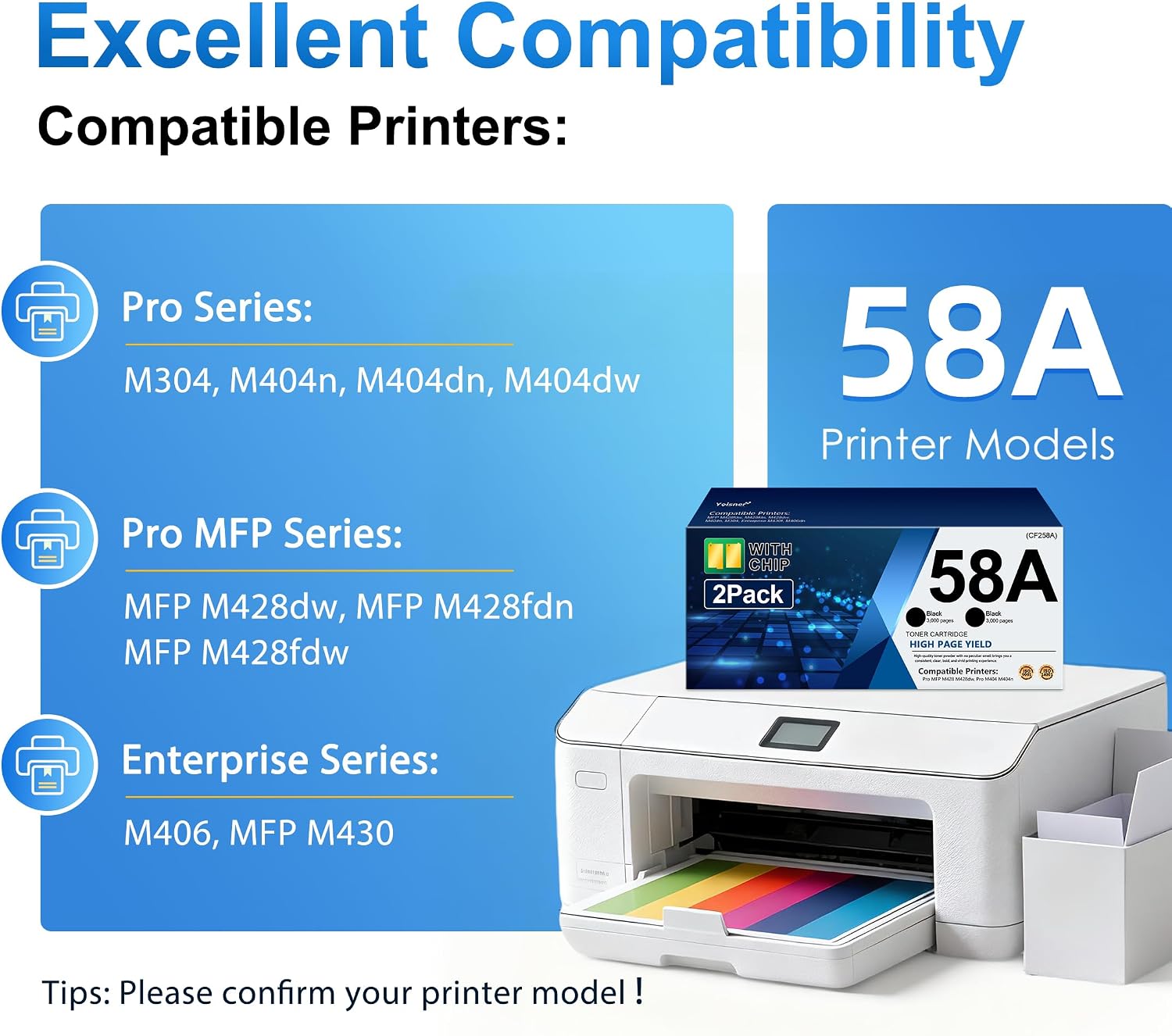 58A CF258A Toner Cartridge (with chip) Compatible Replacement for HP 58A CF258A 58X CF258X LaserJet MFP M428fdw M428dw M428fdn Pro M404n M404dn M404dw M404 M428 Printer Toner (Black 2-Pack)