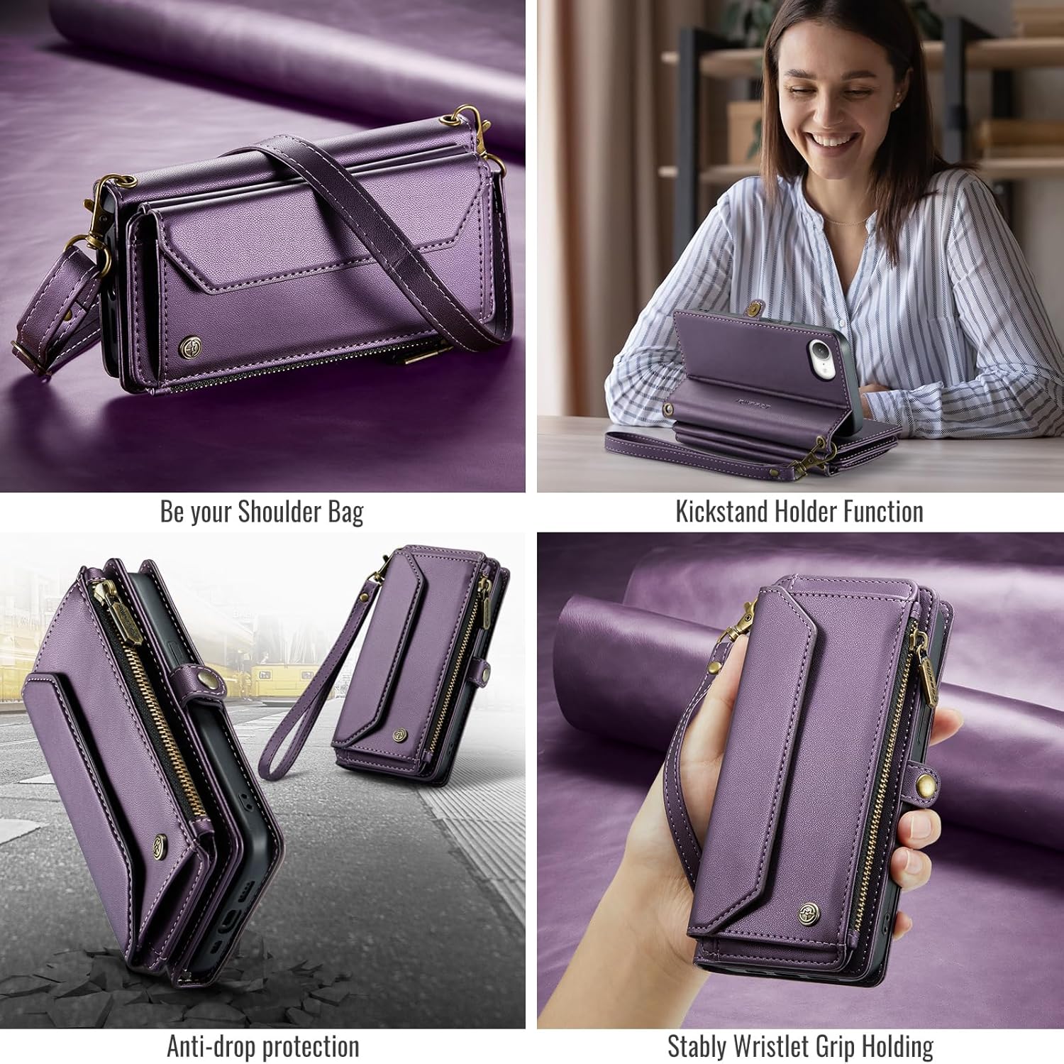 for iPhone 16E (2025)/17E (2026) Case, Women Men Multi-Function Wallet Case with Stand RFID Blocking Featuring Magnetic Closure Zipper for iPhone 16E/17E 6.1" (Purple)