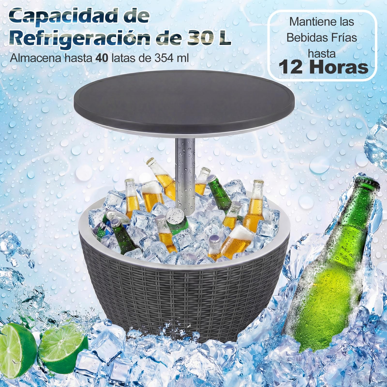 COSTWAY 2 en 1 Mesa Nevera Capaciadad de 30 L para Jardín,Cool Bar para Cerveza y Vino con Gancho,Asa,Tapa Extraíble y Orificio de Drenaje Mesa Auxiliar Cóctel para Piscina, Terraza y Camping