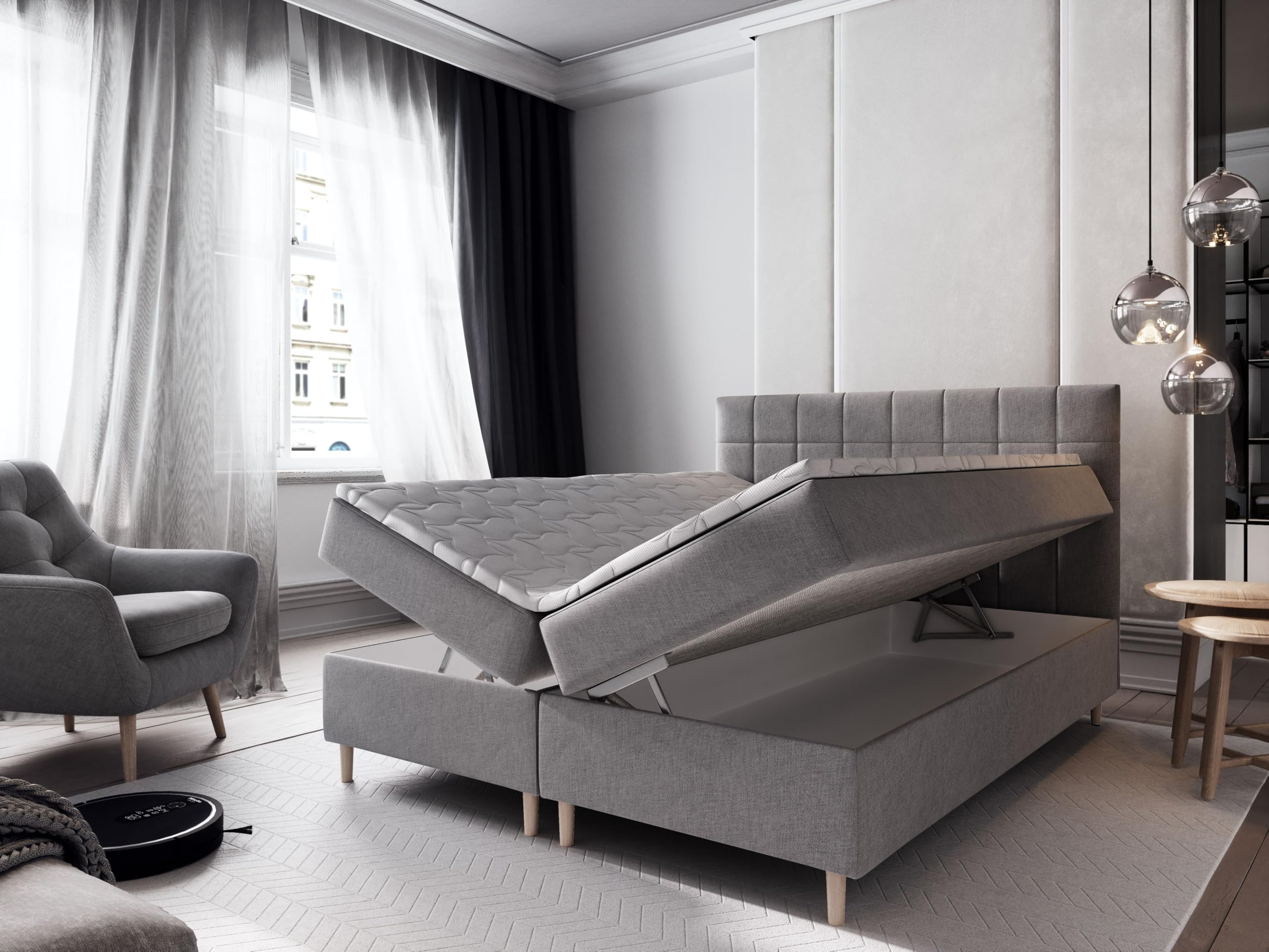 Masseno Boxspringbett Ibiza 160x200 cm Komplett-Set mit Matratze und Topper, Polsterbett mit Zwei Bettkästen -Beige, INARI 22