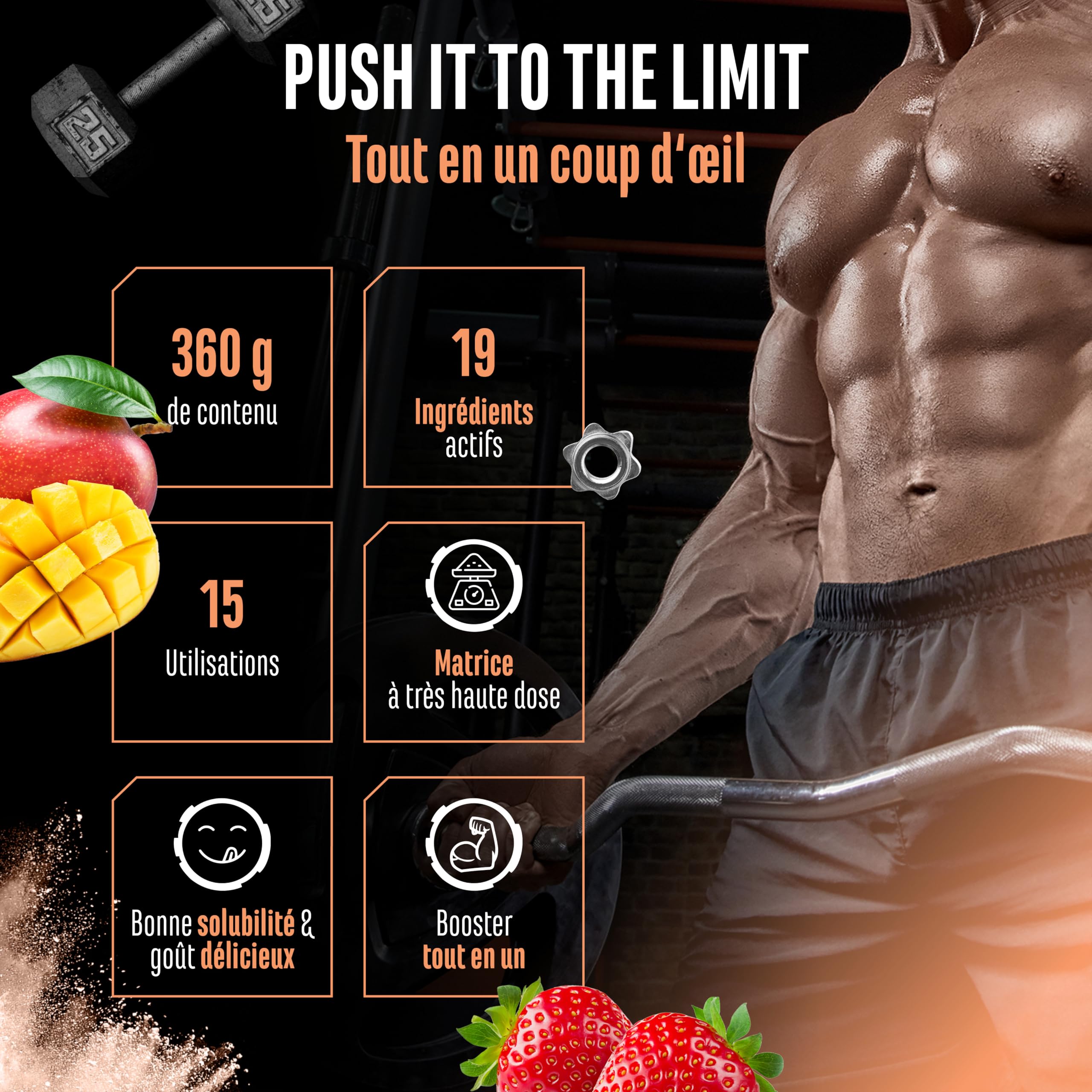 Push it to the Limit - Pré-Entraînement avec L-Arginine + Citrulline + L-Tyrosine + L-Théanine + L-Carnitine + AAKG + Taurine + Rhodiola Rosea + Caféine - Hautement Dosé - 360 g - Mangue Fraise