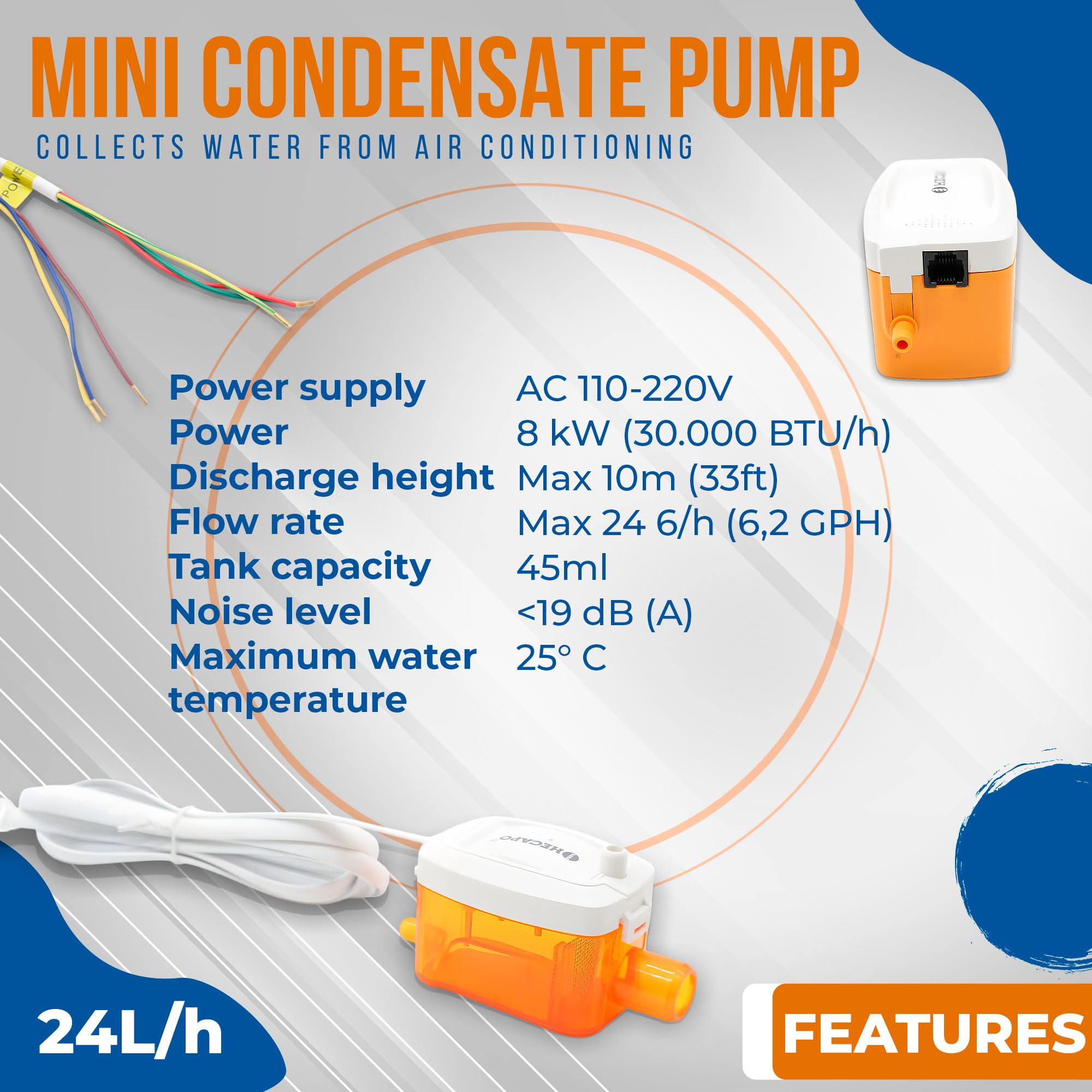 DOJA Barcelona Bomba de Condensados Aire Acondicionado - 24 L/h - Drenaje Silencioso - Mini Bomba Eficiente con Ahorro de Energía - Optimizada para Espacios sin Desagüe Natural