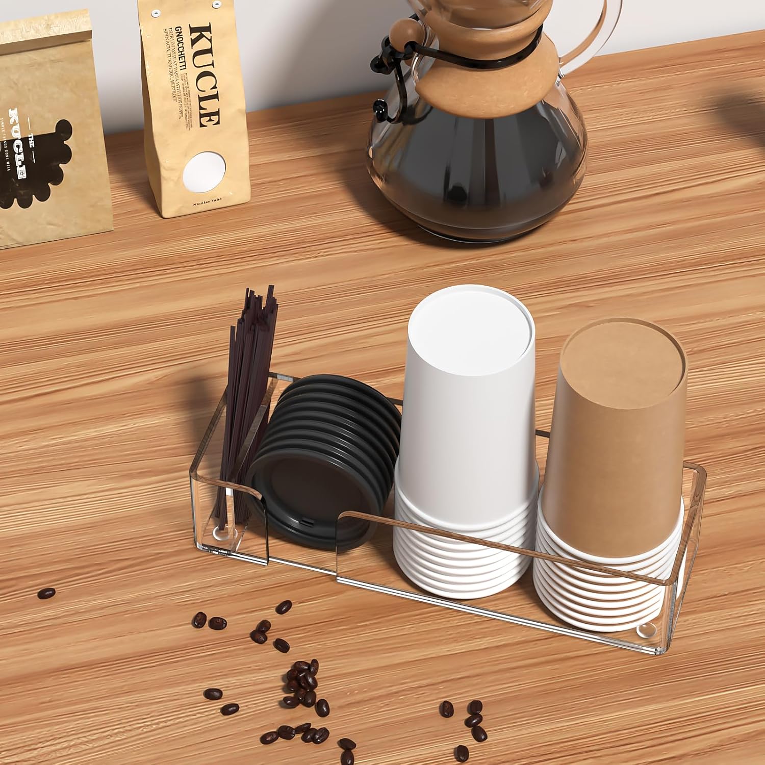 Coffee Bar Accessories and Organizer, Disposable Cup Holder for Countertop, 14.5 Inches Clear Acrylic Storage and Organization for Coffee Cup Lid Stirrer Pod, Farmhouse Table Décor