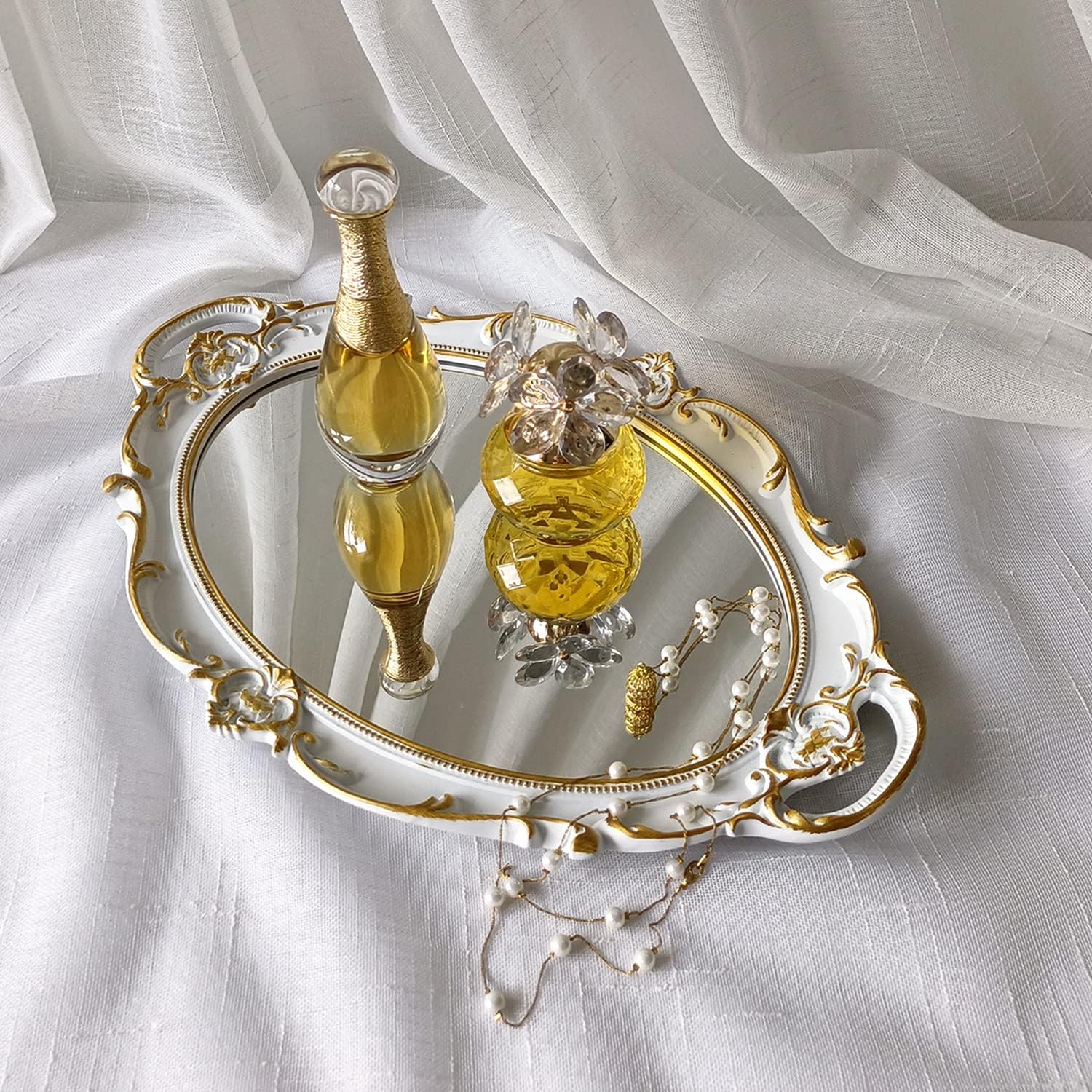 Oval Decorative Mirror Tray, French Style, Makeup Organizer, Jewelry Organizer, Serving Tray, 9.8"x 14.6", Golden White image 4