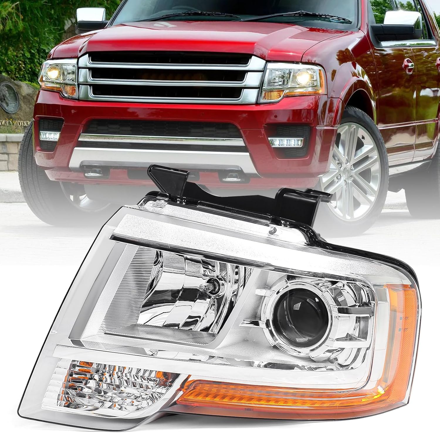 Headlight Assembly [Halogen Projector Type] for Ford Expedition 2015 2016 2017 Front Headlamp Chrome Left Driver Side LH