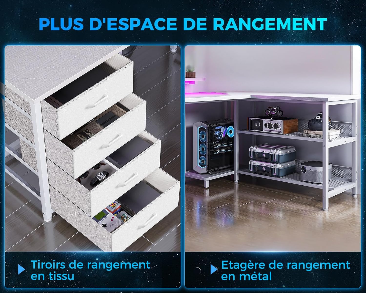 Close-up view of the desk's storage features, including fabric drawers and metal open shelves.