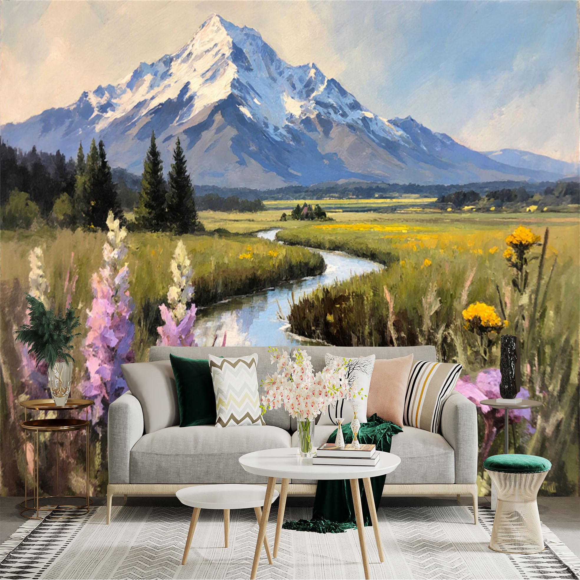 Lnzczhyre Xc260505299 Custom Size Wall Sticker Mural， Snowy Mountain Peak， Winding River Valley， Wildflower Meadow， Scenic Landscape Art， For Wall Decoration， Peelandstick Wall Decals.