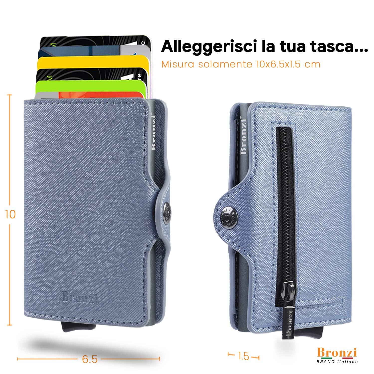 Bronzi Portafoglio Porta Carte Credito - Portafoglio Uomo Donna Slim Portacarte - Mini Porta Tessere - Protezione RFID - Design Smart Italiano Saffiano Grigio