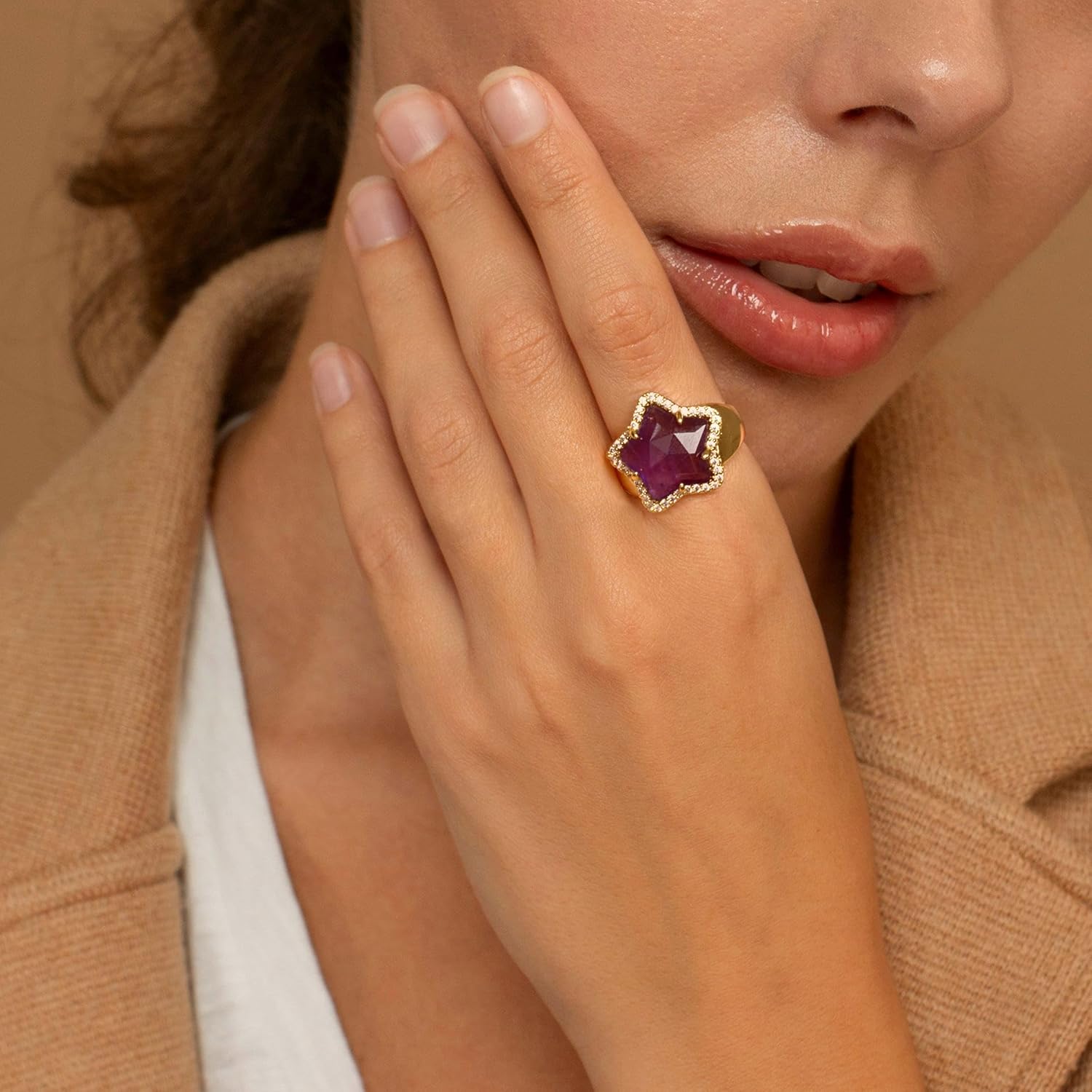 Amethyst Crystal Ring, Gold Plated Natural Gemstone Star Adjustable Ring with for Women, Birthstone Rings Jewelry for Valentine's Day, Birthday - Image 3