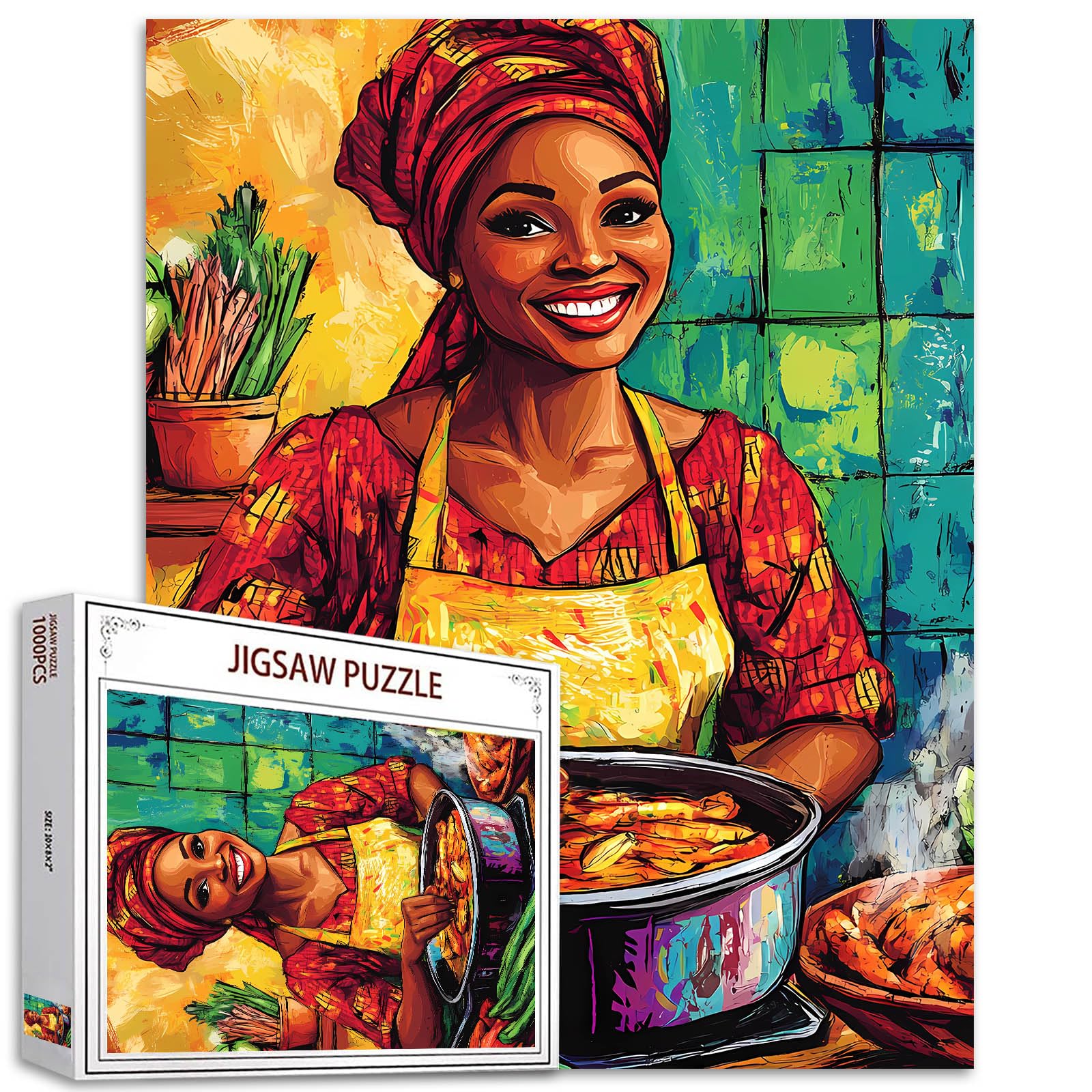 1000 Piece Jigsaw Puzzles for Adults Africa America Woman Painting Jigsaw Puzzle Afro Black Girl 1000 Pieces Puzzles Game Girl Cooking Art Bedroom Decor DIY Craft Food Puzzle Art