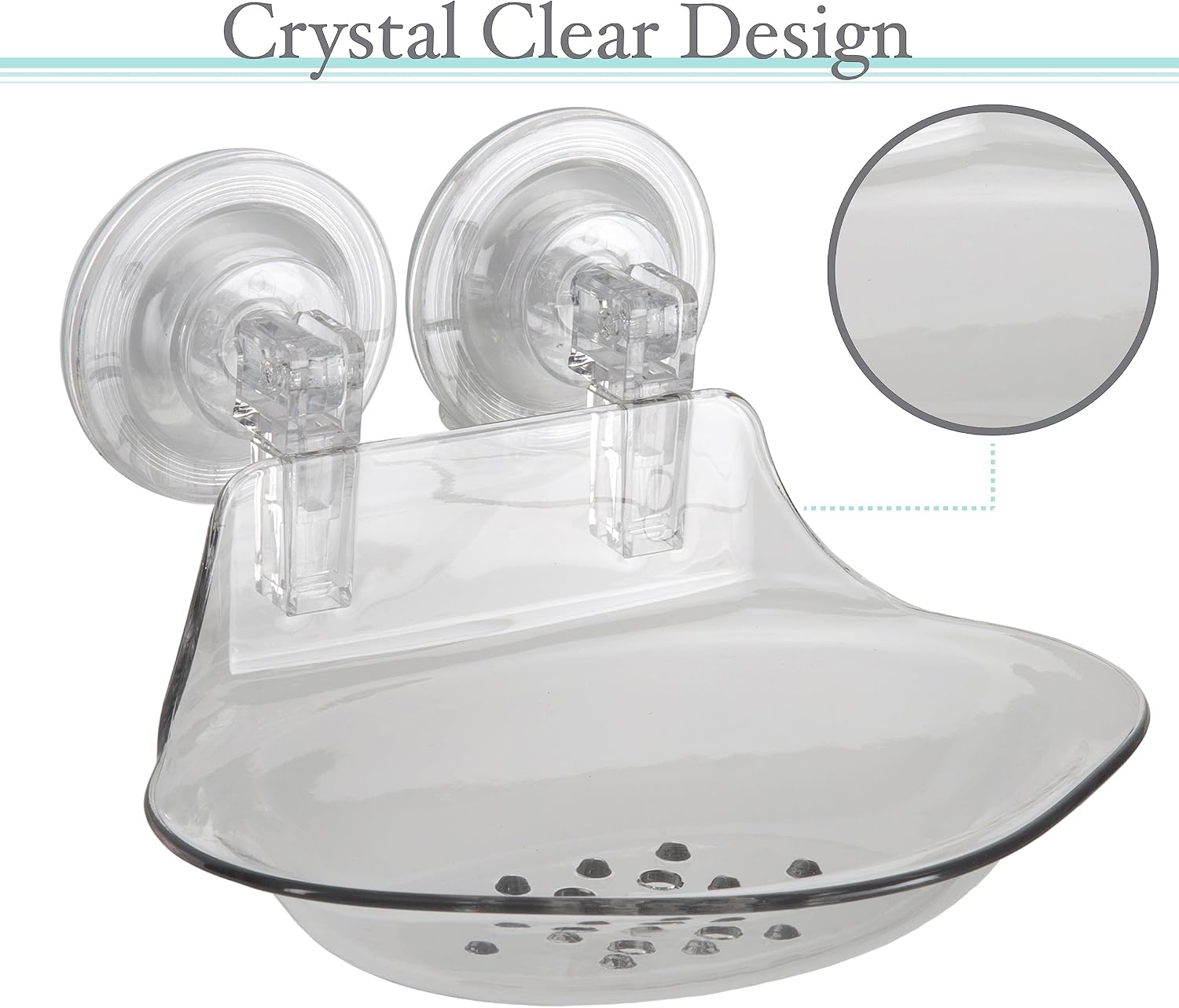 Bath Bliss Power Locking Suction Soap Dish | Dimensions: 6. 7" x 5. 9" x 4. 3" | Power Locking Suction | Bathroom Accessories | Self Draining | Clear