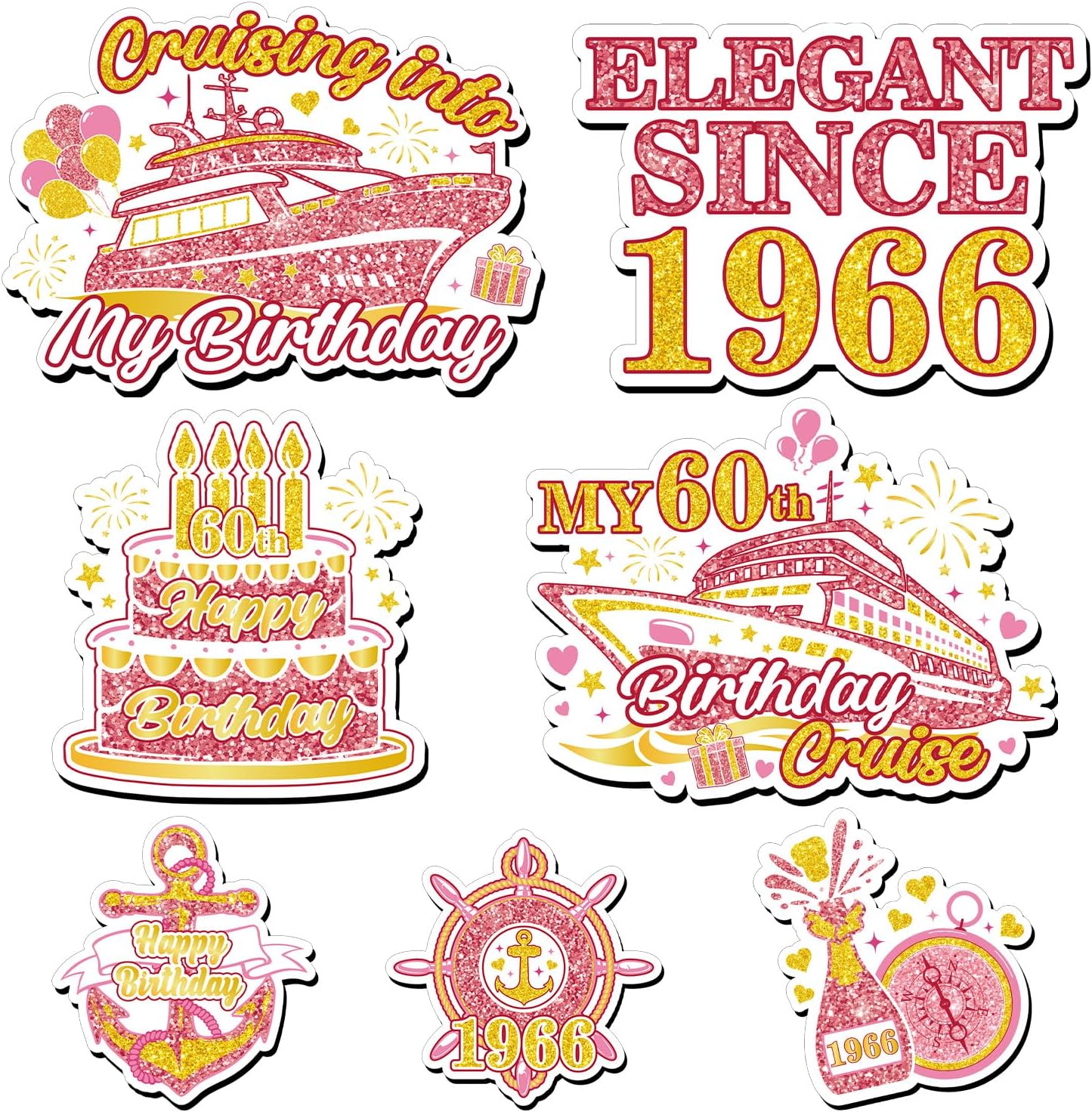 Cruise Door Decorations Magnetic - 7 Pcs 60th Birthday Cruise Door Magnet 1966 Cruise Ship Door Decorations Rose Gold 60 Year Old Birthday Magnet Stickers for Carnival Cabin Party Decor