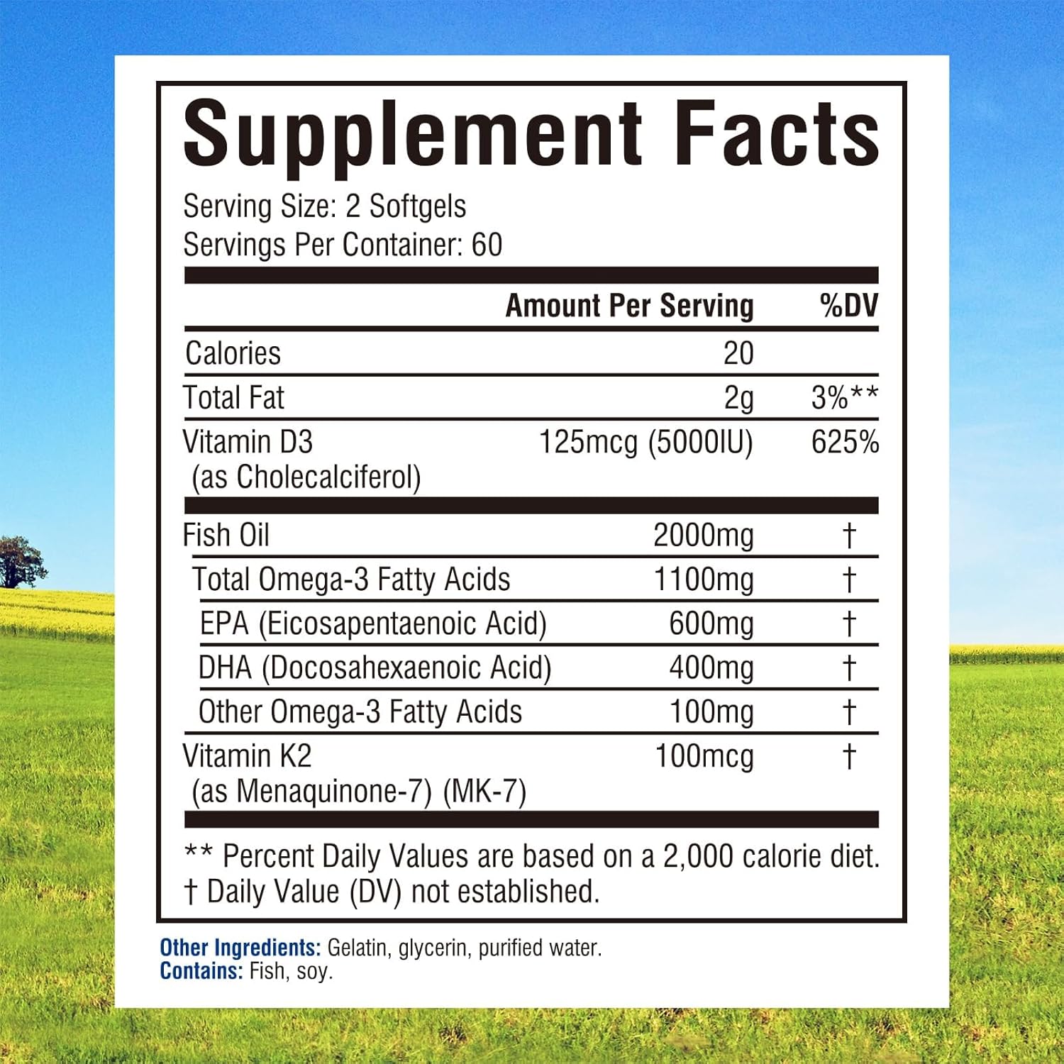 Innate Vitality Omega 3 Fish Oil Supplement, 2000mg Fish Oil Per Serving, EPA 600mg + DHA 400mg with Vitamins D3 K2, Supports Brain & Heart Health, Sustainable & Wild-Caught, 120 Softgels