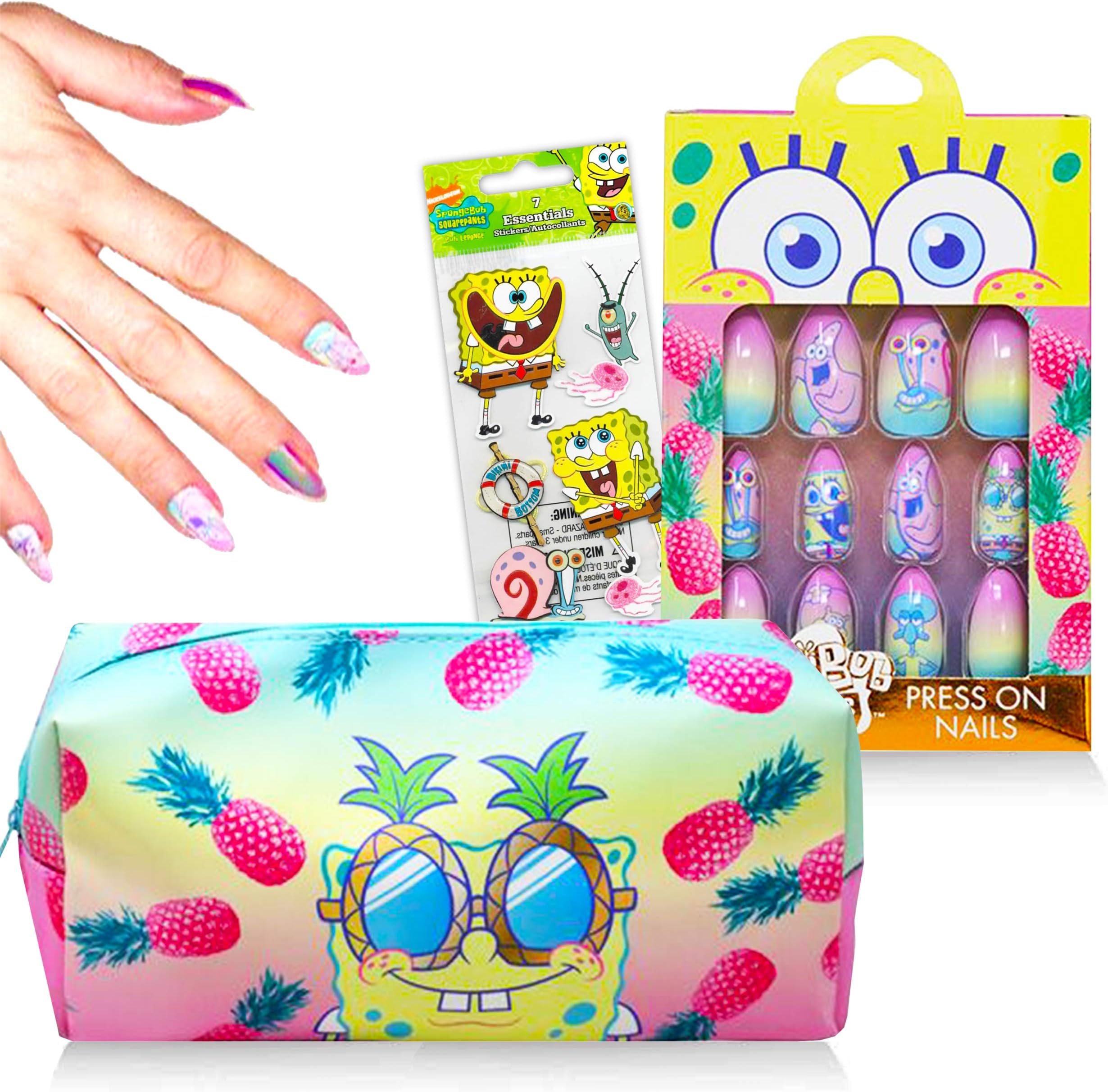 Nick Shop, Spongebob Merchandise, Spongebob nails Spongebob Squarepants Merchandise Bundle - Spongebob Press On Nail Set with Spongebob Squarepants Bag (Spongebob Toys)