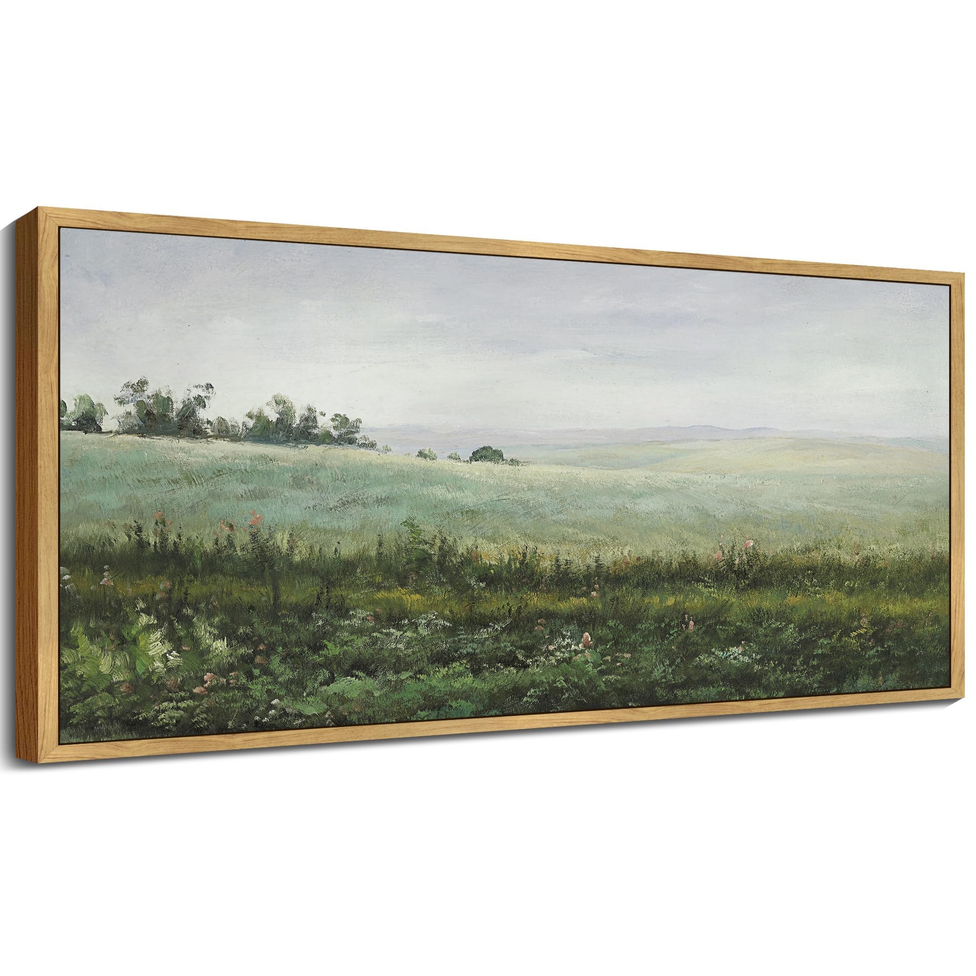 SHENIFY Vintage Framed Wall Art The Vast Grassland Landscape Painting Retro Meadow Scenery Farmhouse Kitchen Living Room Decor - 8x16in Natural Framed