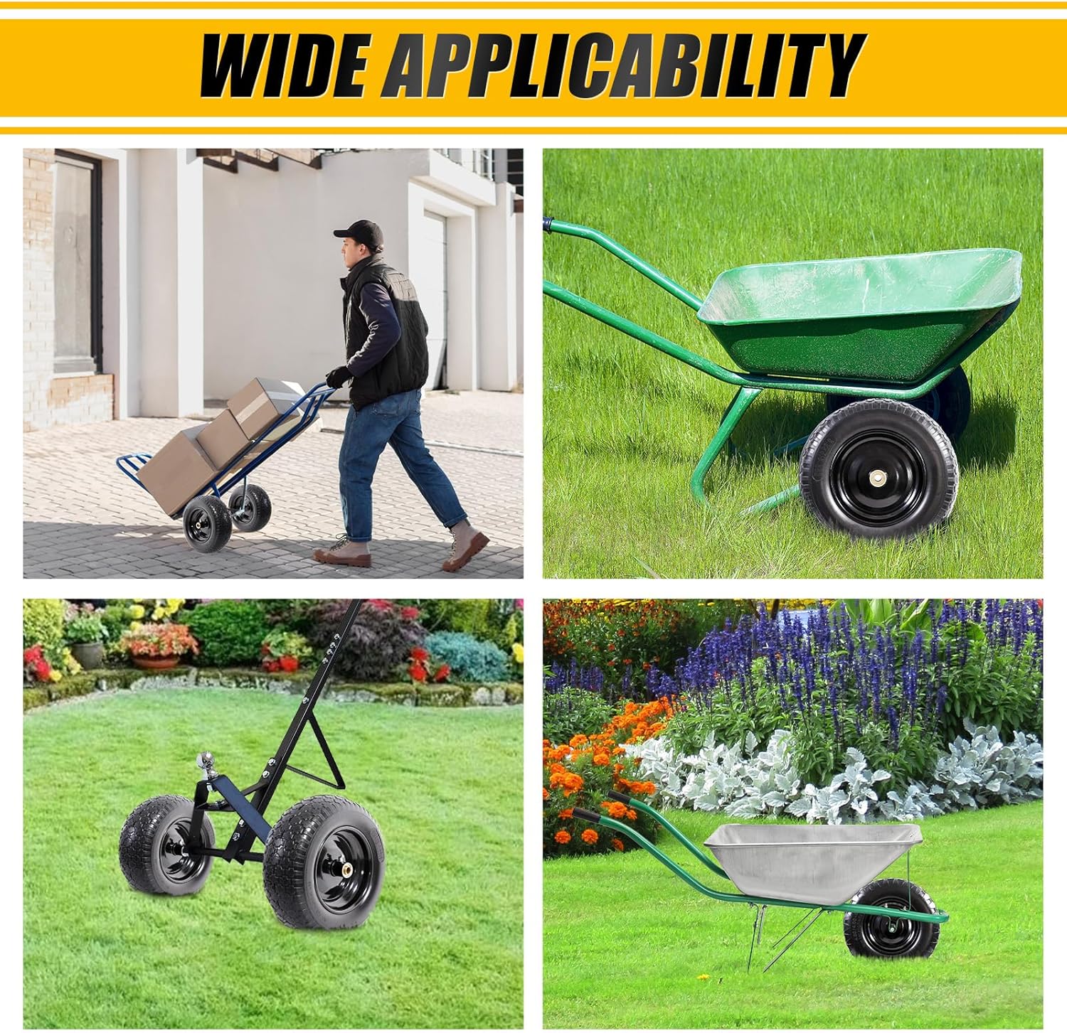 MZREXN 14.5" Wheelbarrow Tire Flat-Free 3.00/3.25/3.50/4.00-8" Solid Tire and Wheel with 3"-7" Centered Hub, 3/4" & 5/8" Bearings Replacement for Hand Truck/Dolly/Utility Cart/Garden Cart 2PCS Black
